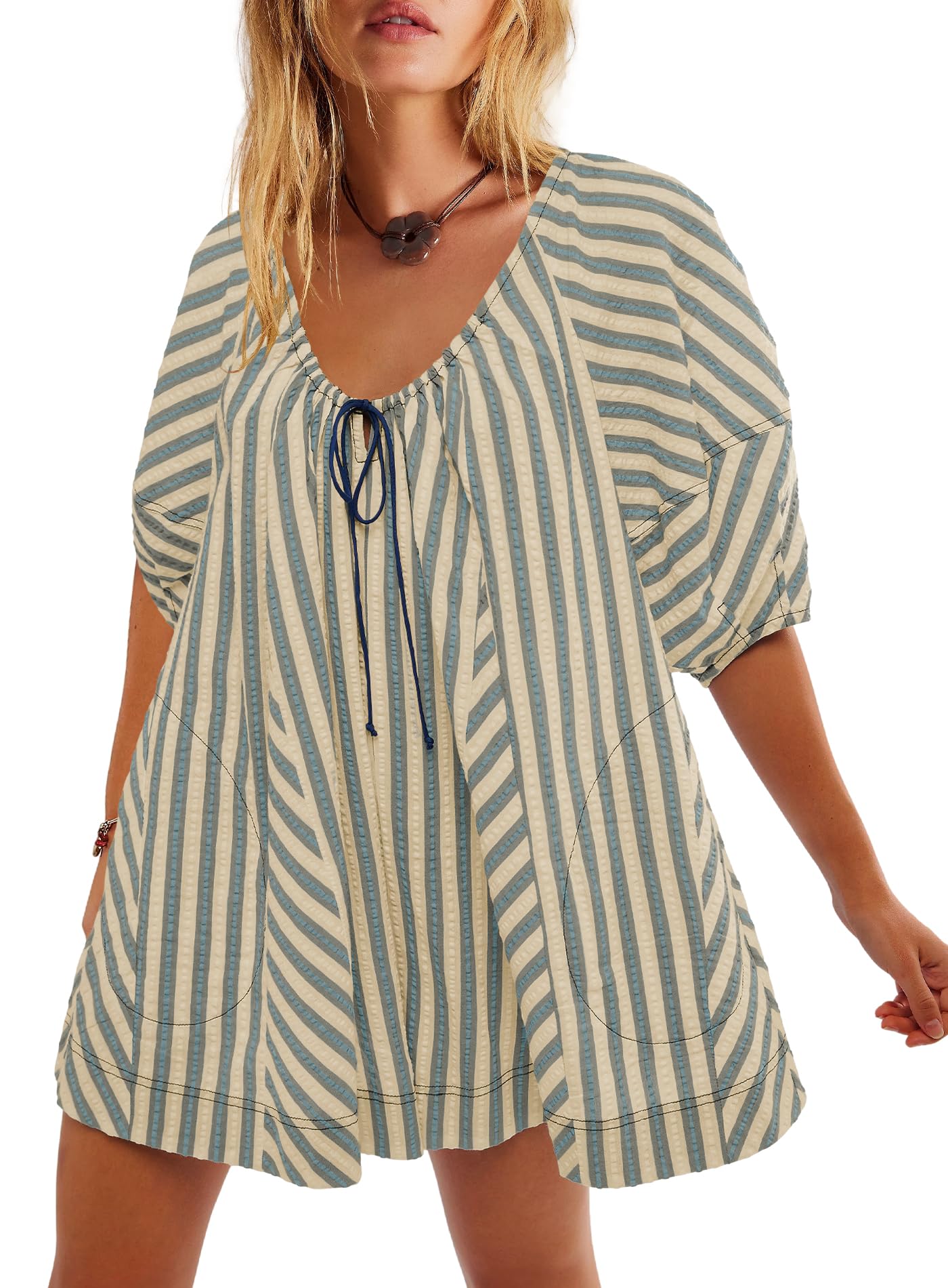 Yanekop Pagliaccetto da donna con pantaloncini a righe pagliaccetto generale oversize tuta corta scollo a V manica a sbuffo mini abito