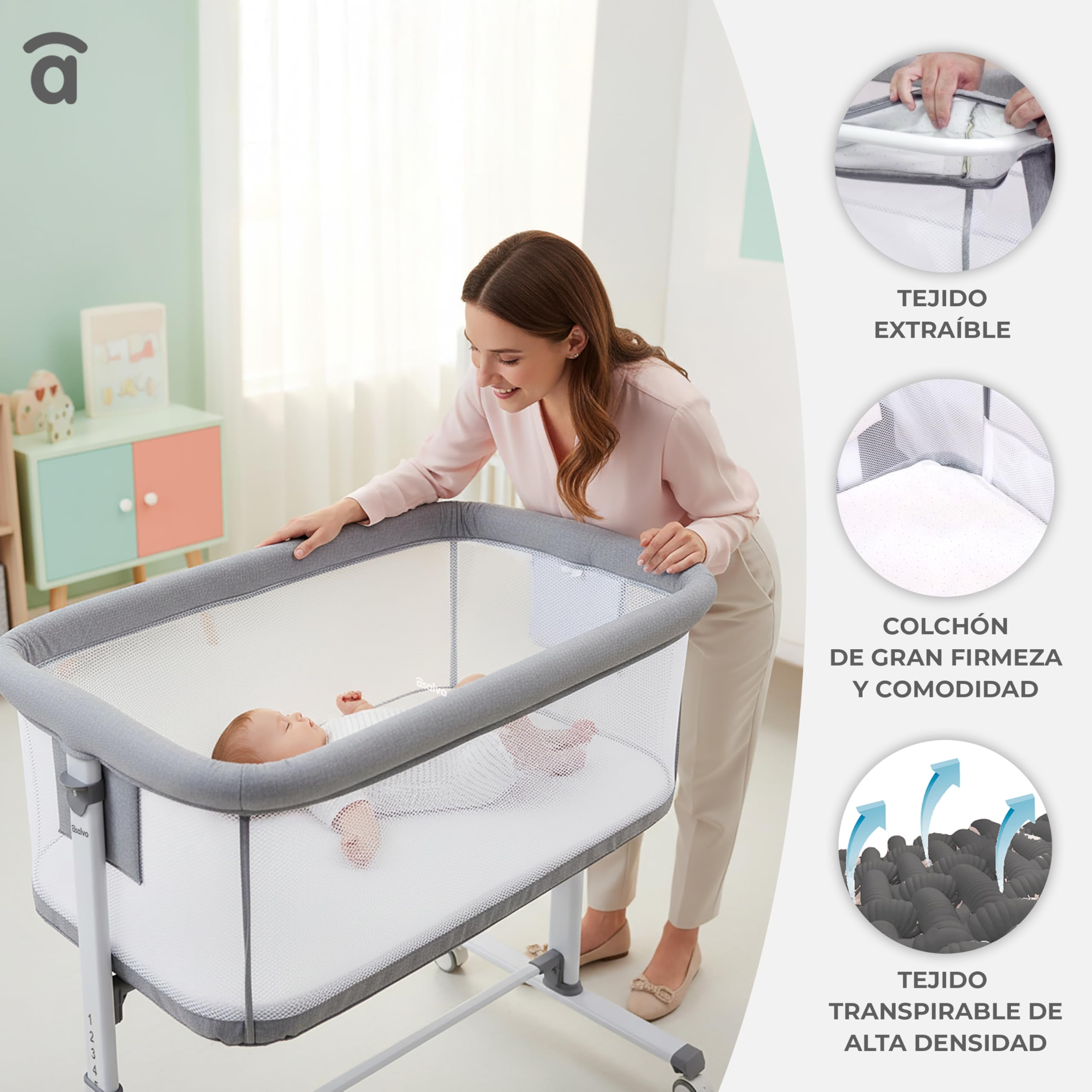 Minicuna de colecho lateral abatible | 6 alturas regulables, colchón incluido, malla transpirable 360º | Certificada EN 1130 y EN 16890 | Sky Gris Asalvo
