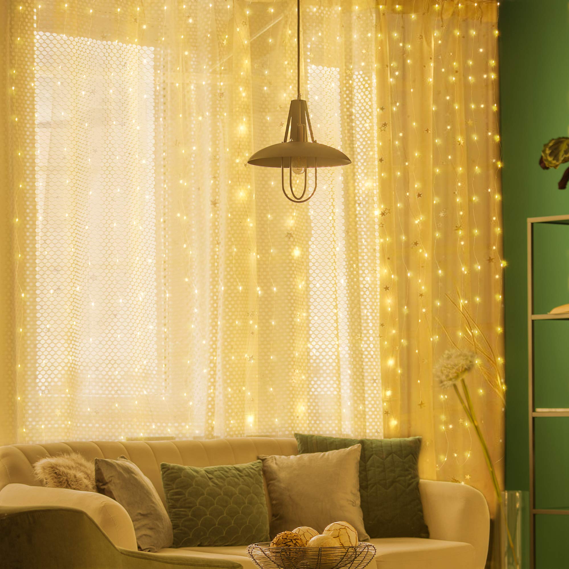 WOWLUX Pencere Perdesi Dize Işıkları, 3m x 3m 300 LED Peri Işıkları 8 Modlu Su Geçirmez LED Dize Işıklar Uzaktan Kumandalı ve Zamanlayıcılı Kapalı Açık Bahçe Partisi Düğün Ev Dekorasyonu için Zamanlayıcı (Sıcak Beyaz)