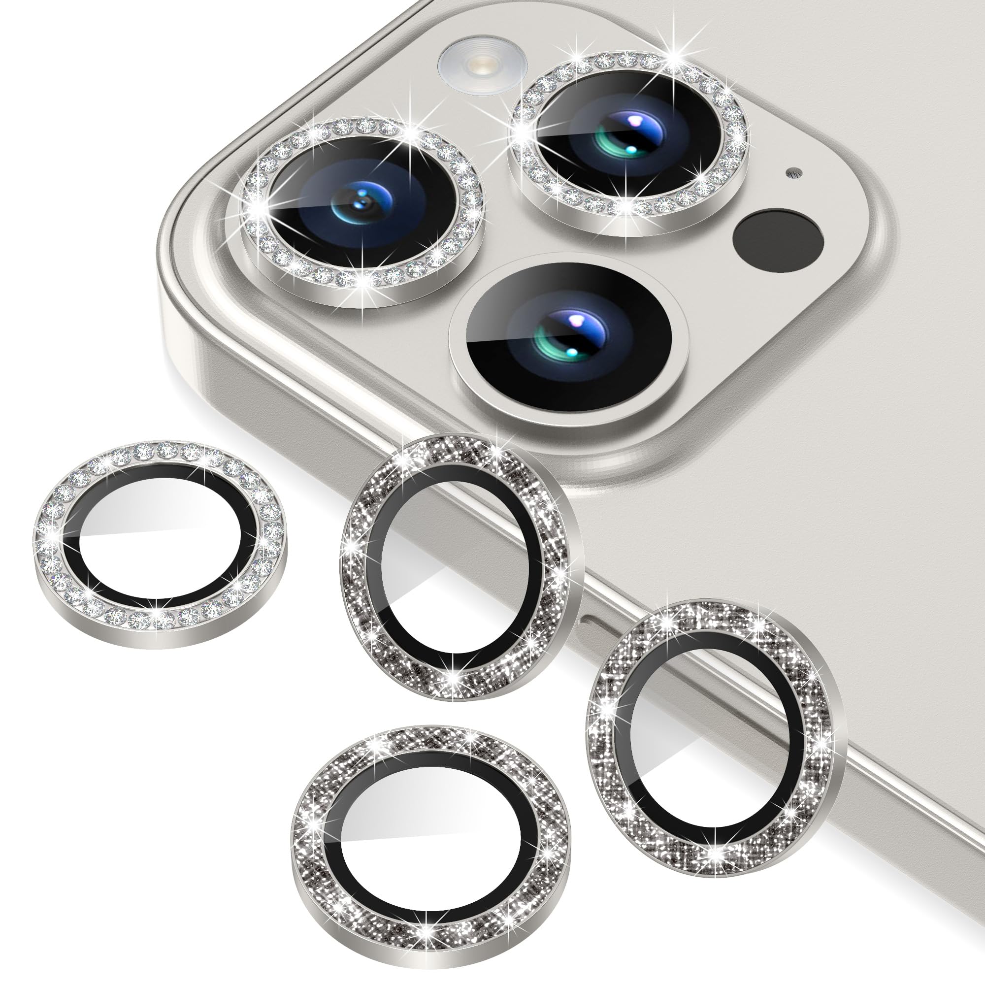 AGVEE 3+3 6 Pack for iPhone 15 Pro 6.1" / 15 Pro Max 6.7" Camera Lens Protector, Bling Diamond & Bling Glitter Metal Ring 9H Tempered HD Glass Camera