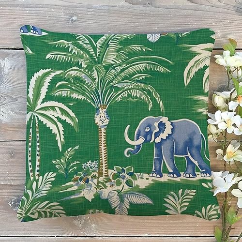 Miniatura 5 de Chinoiserie Pillow Cover Green with Elephant and Donkey Cushion Cover Traditional Chinese Decorative Pillow Home Cotton Linen 18x18in Elegant Square