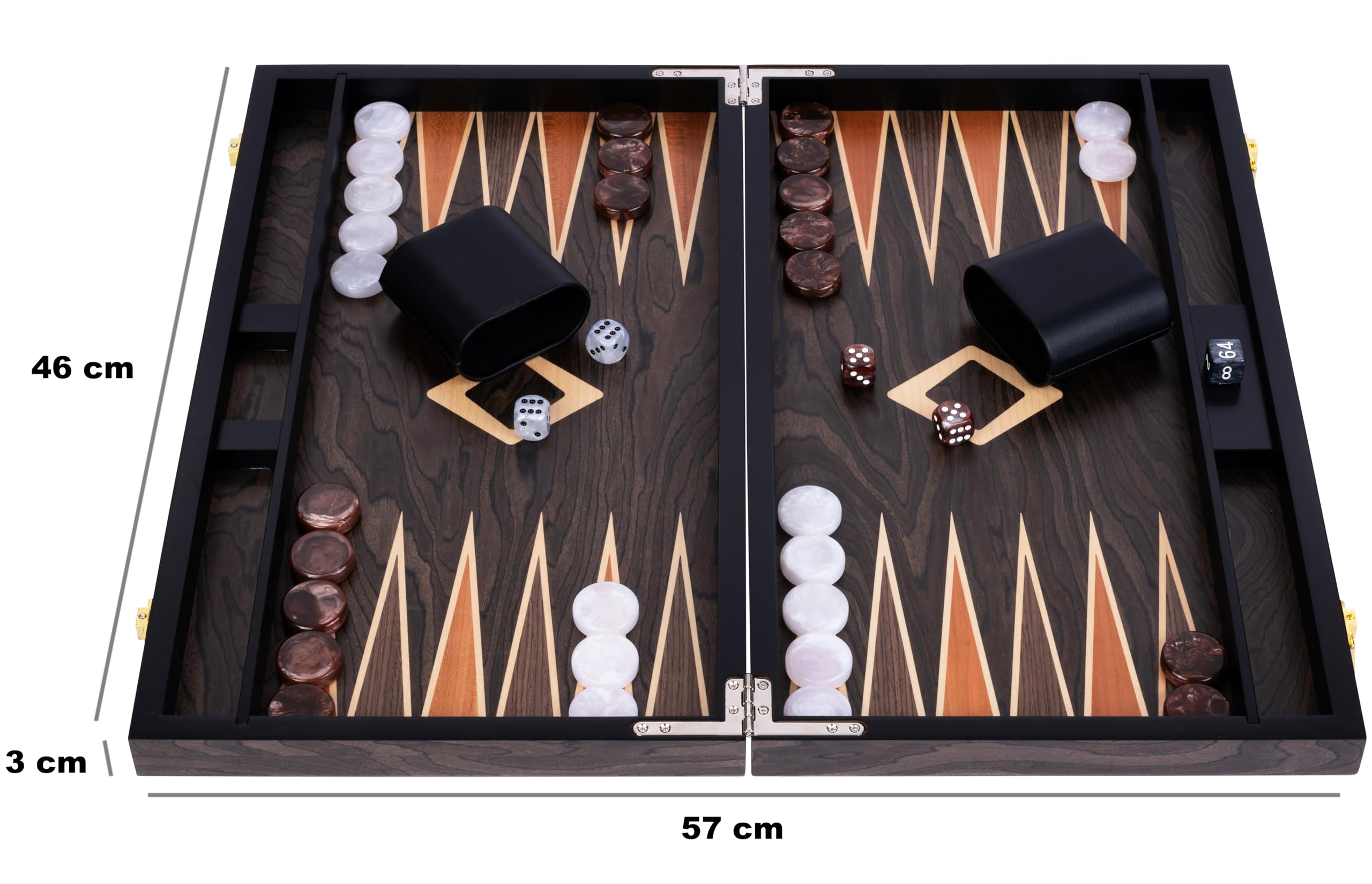 Engelhart - 250547 - Juego de Backgammon de Lujo 18” con Chapa de Nogal barnizada, Cierre metálico, Dados y fichas nacaradas, Vasos de Madera, 2 Jugadores, Reglas Incluidas, Desde 6 años