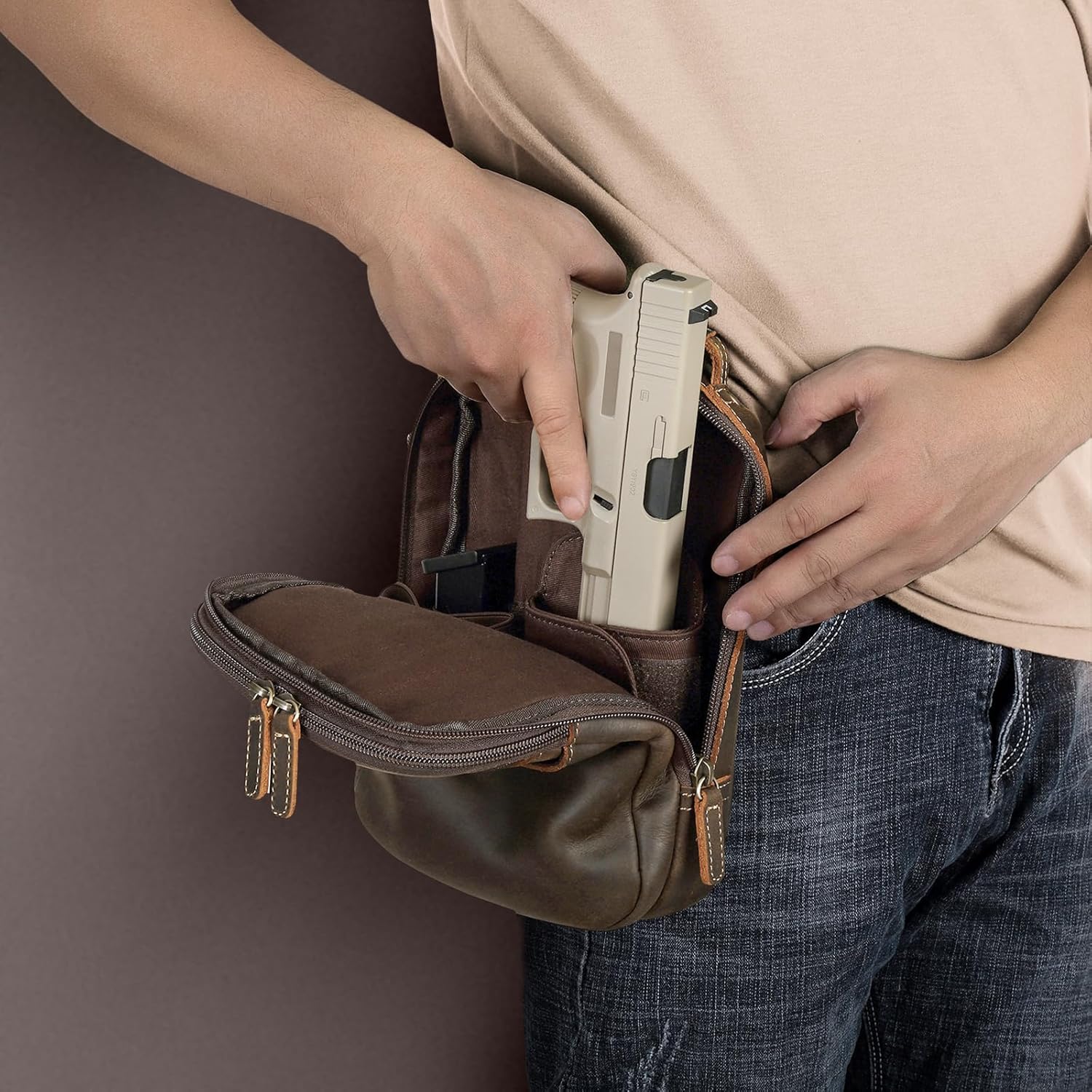 Polare Full Grain Italian Leather Carry Gun Pouch CCW Sling Bag Small Crossbody Handgun Bag Fanny Pack Pistol Case Waist Belt Firearm Bag with Holster