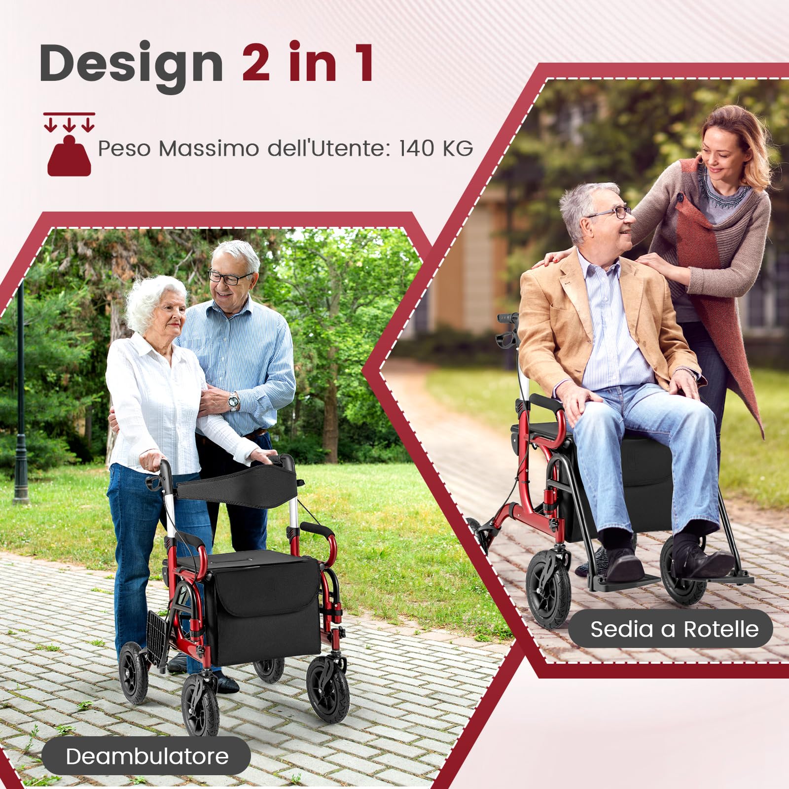 RELAX4LIFE 2 in 1 Deambulatore per Anziani, Sedia a Rotelle, Deambulatore con Seduta e 4 Ruote, Rollator Pieghevole in Alluminio Leggero, Portata Massima 140KG (Rosso, 74 x 64 x 89-101,5 cm)