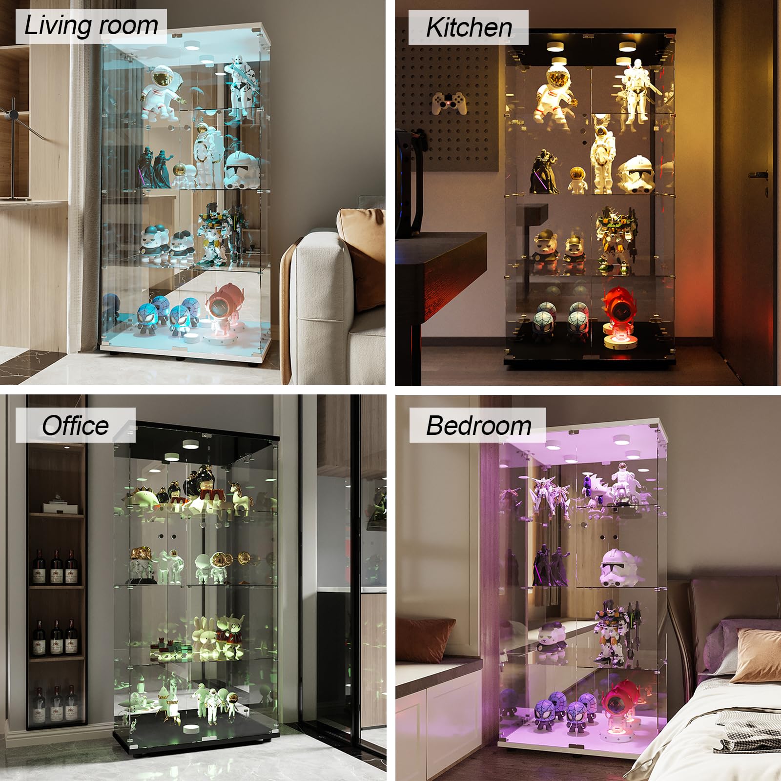 Vitrina de cristal con LED, Vitrina de colección modelo con 2 puertas y 4 estantes, puerta con cerradura, Vitrina de cristal transparente Pasillo, Mueble bar de salón(Blanco G, LED de dos puertas)