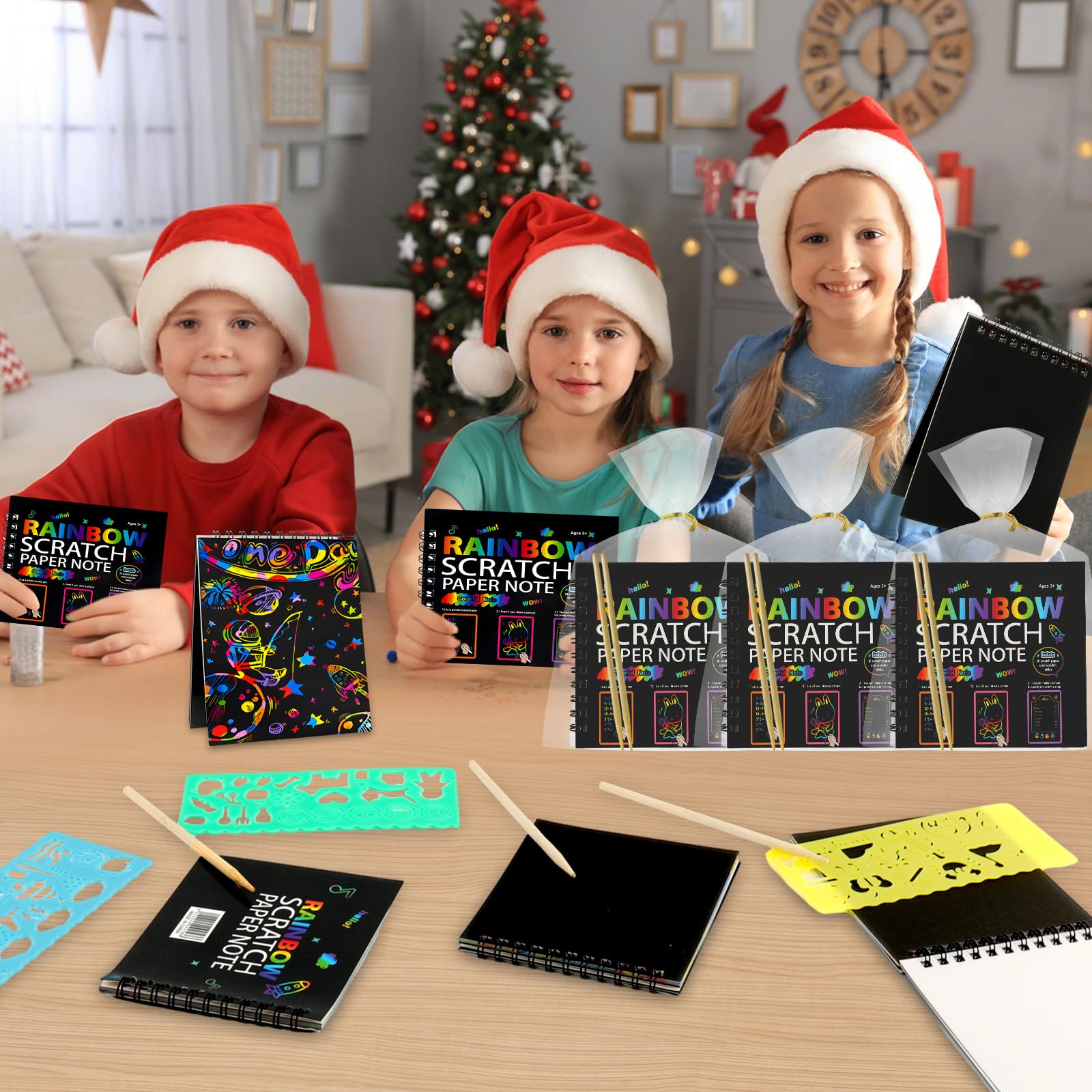 Carte à Gratter Enfant 12 Pack Notes Arc-en-ciel Livre d'Art à Gratter avec Stylo Bambou