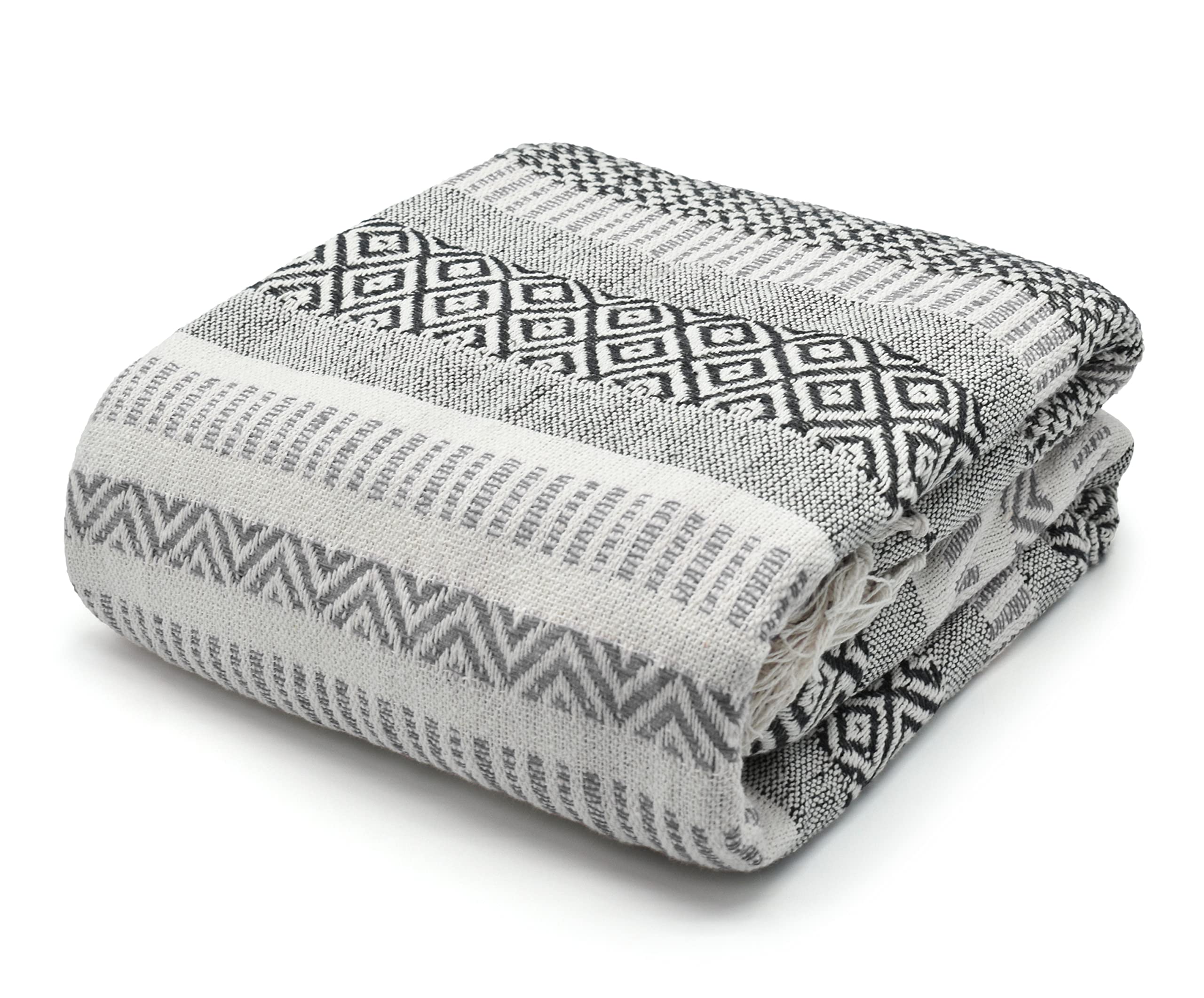 Velosso 100% Recycled Cotton Throws for Sofas, Grey Throw for Bed, Aztec Pattern Cotton Blanket with Tassels, Sofa Throws Large 2 Seater (178cm ร 254 cm) โ image 1