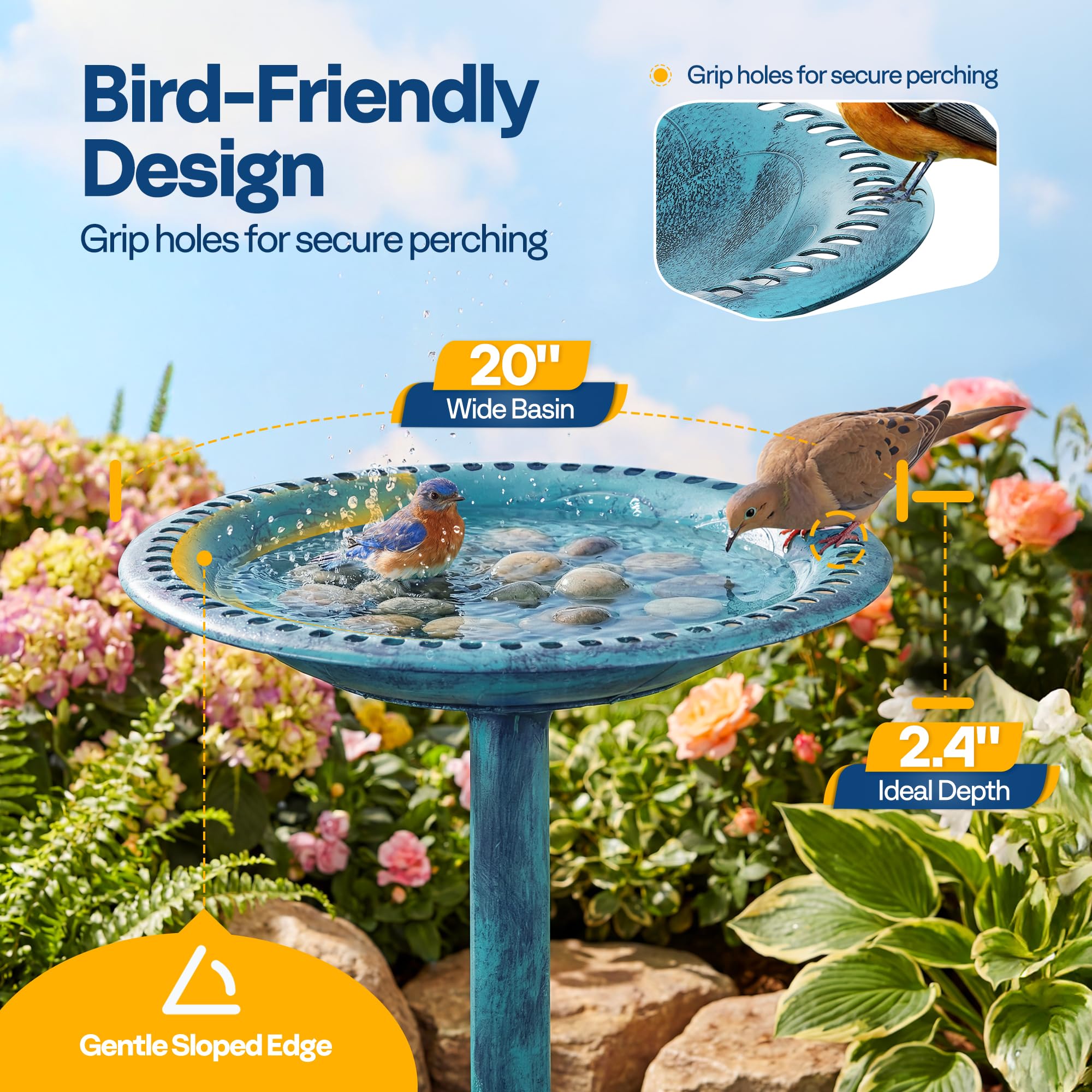VIVOHOME Abbeveratoio per Giardino 71cm Altezza Poliresina Leggero Antico Plastica Resina da Terra Esterno Ciotola d'Acqua per Uccelli
