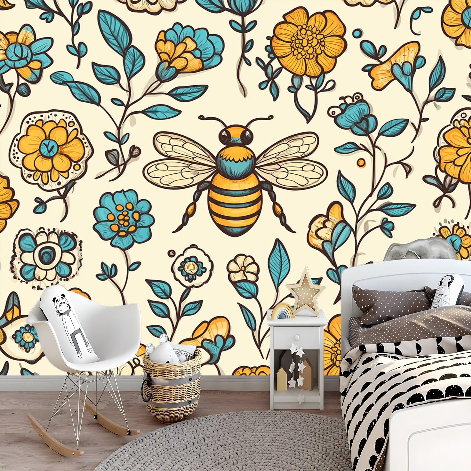 Tapeta 300 x 210 cm pszczoła z kreskówek ręcznie malowane kwiaty żółte tapety na malowidła ścienne sypialnia salon