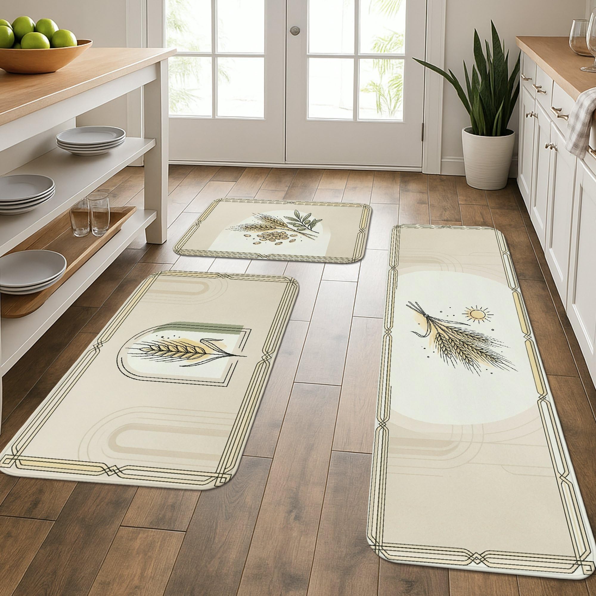 Tapis de cuisine lot de 3 crème lavables et tapis de buanderie rustiques motif blé