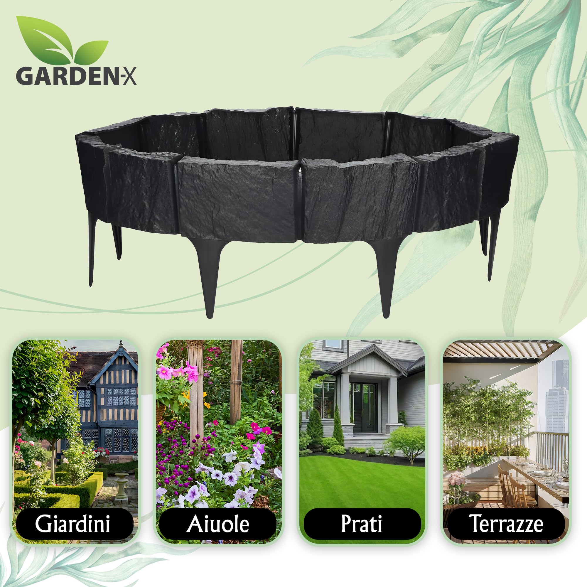 GARDENIX Bordo per aiuole in plastica, effetto pietra, 3,9 m, bordo per aiuole antracite, 5 moduli, resistente ai raggi UV, palizzata da giardino, uso versatile