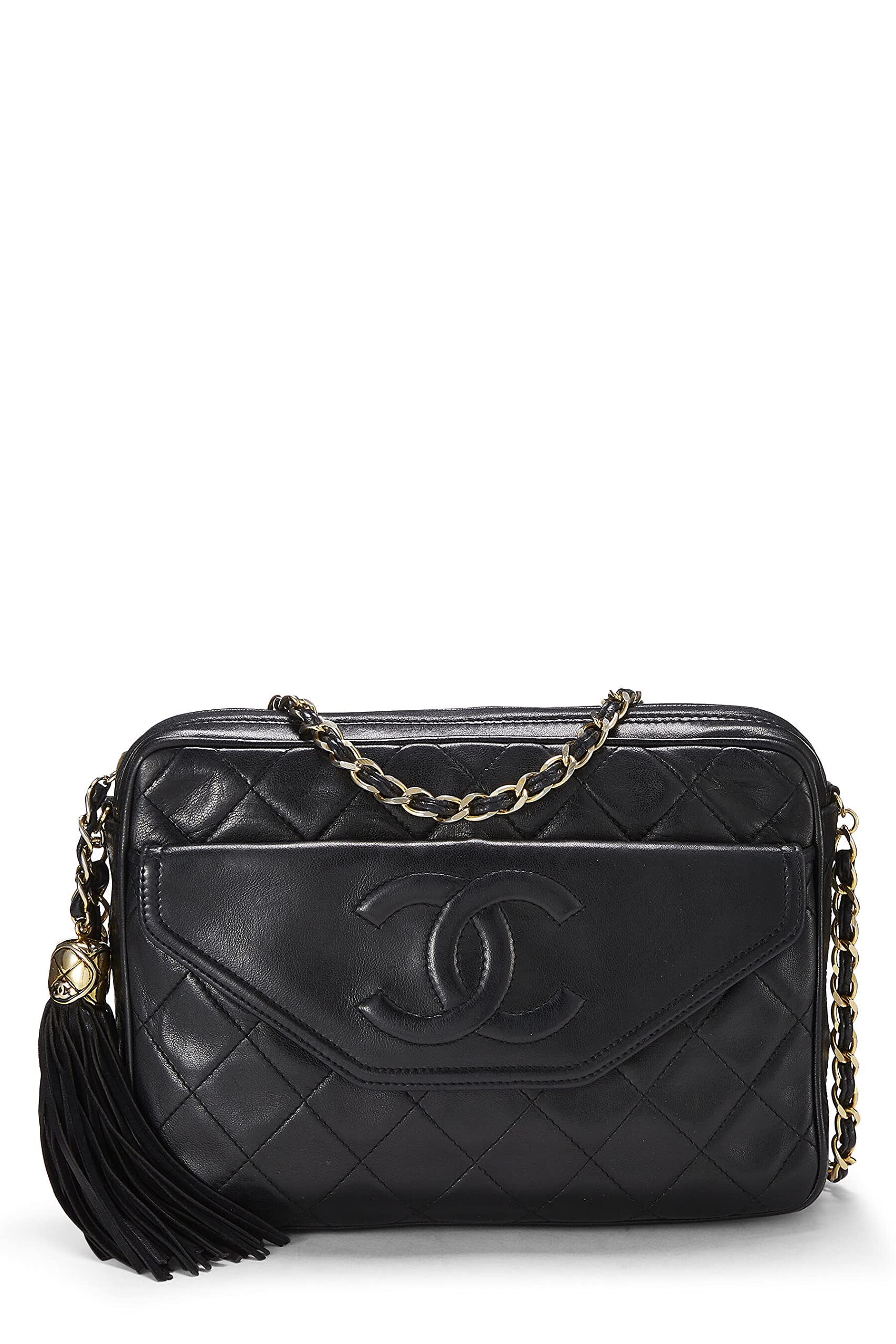 Pre-Loved Black Lambskin Pocket Camera Bag Medium, Black