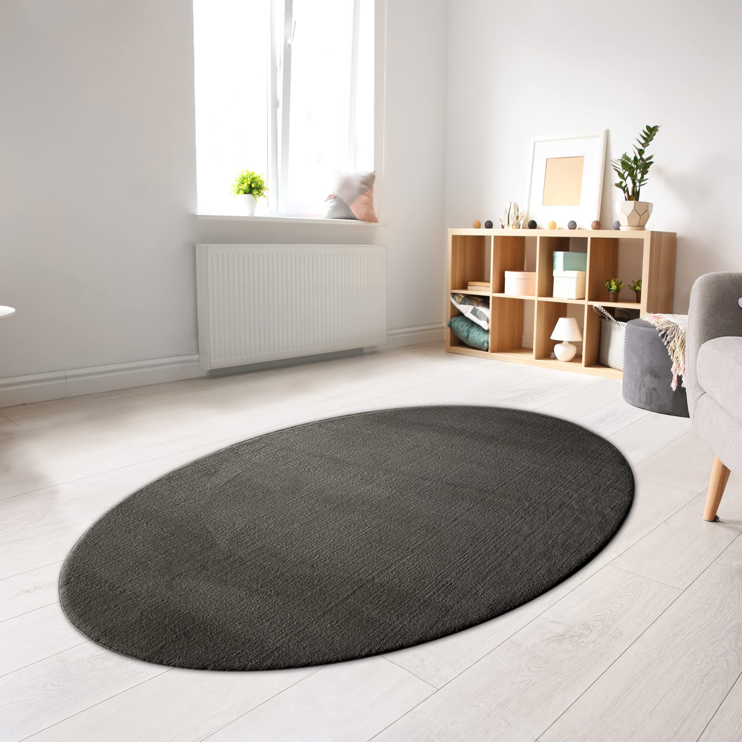 CARPETIA Teppich Oval Waschbar rutschfest Grau Anthrazit 140x200 cm