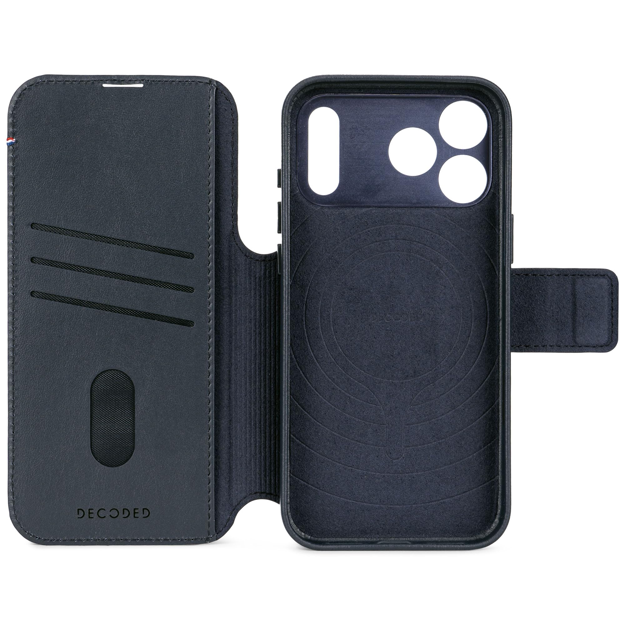 DECODED 2 w 1, skórzane etui do iPhone'a 17 Pro, zdejmowany portfel, wysokiej jakości skóra ECCO, kompatybilne z Magsafe, ochrona przed upadkiem, odporne na zarysowania, metalowe guziki, niebieskie