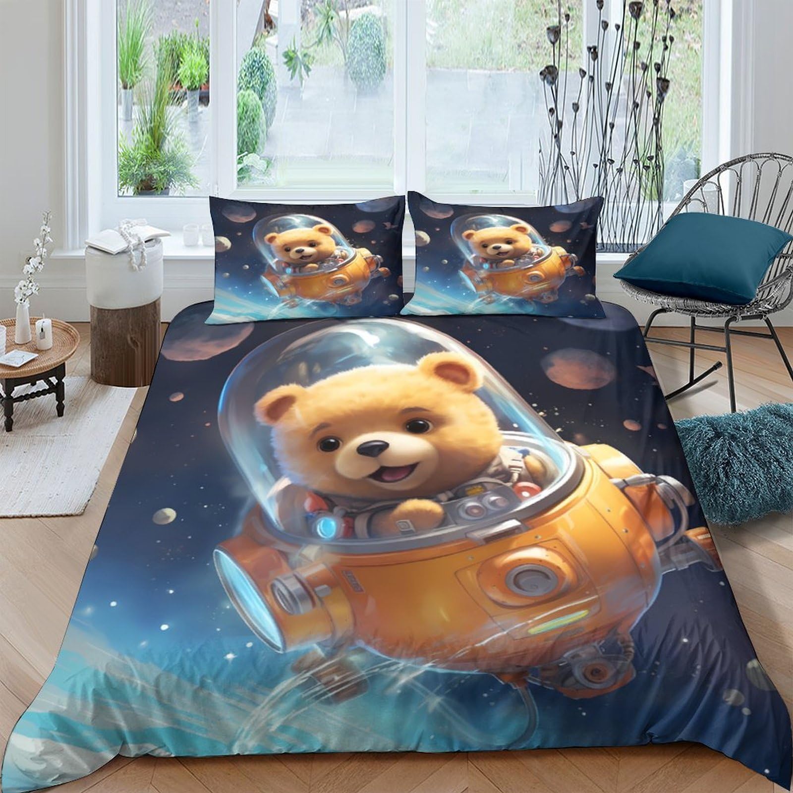 Ctjqhvkz Style-2 3D Printed Space Bear Fitted Sheet Microfiber Soft Breathable Cartoon Spaceship Bed Cover For Bedroom Dorm Decor Protection Single（135X200cm）