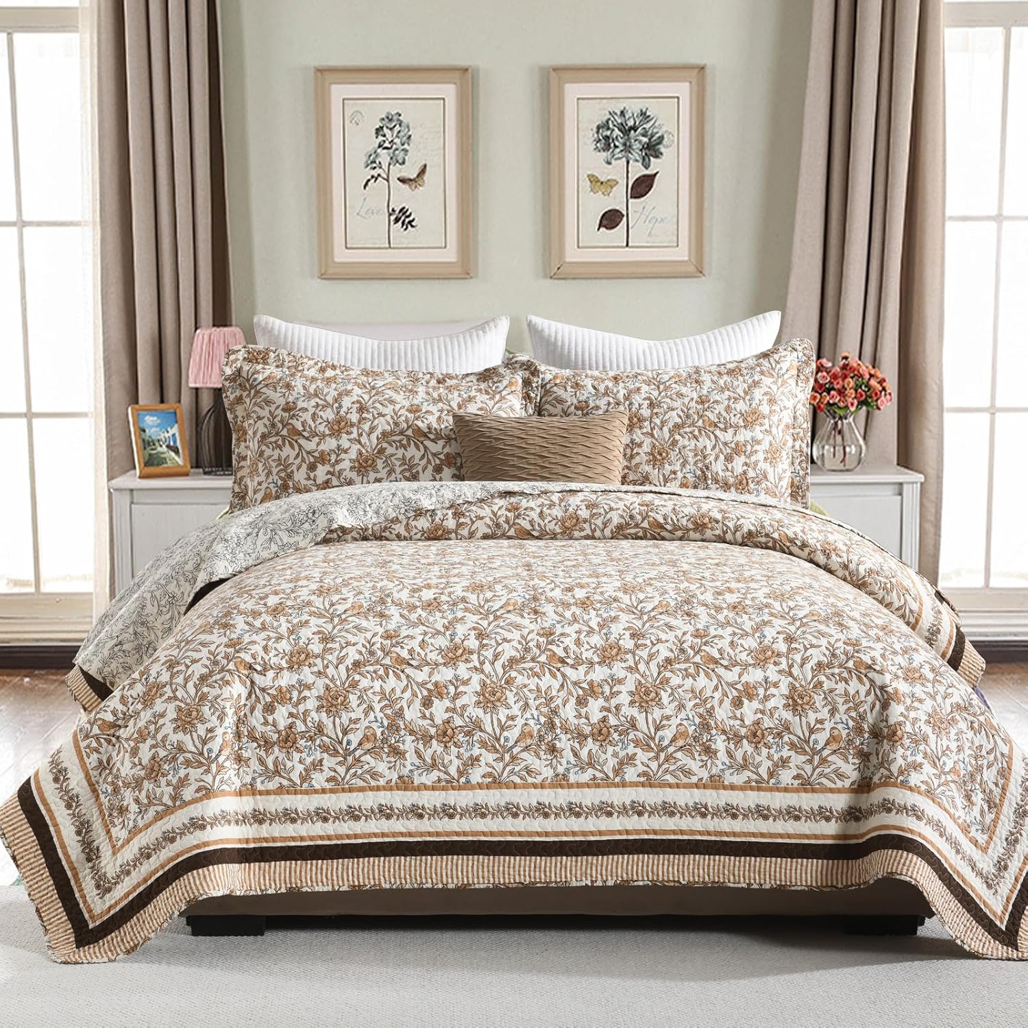 PANGUSHAN Quilt Set Queen Size - 100% Cotton Queen Comforter Set, Botanical Farmhouse Bedspread with 2 Pillow Shams, Floral Reversible Lightweight Bedding, Queen Bed Spread for All Season, Khaki