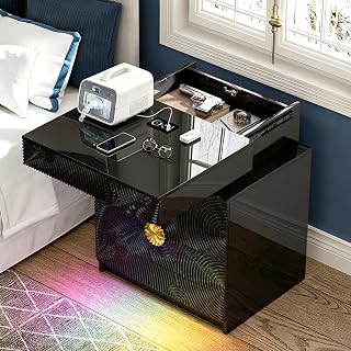 WOOVIVS Bedside Table with 2 Drawers and Sliding Top, RGB Color Changing Lights Sync with Music Rhythm, Lockable Night Stand with Secure Hidden Storage for Bedroom(Black)