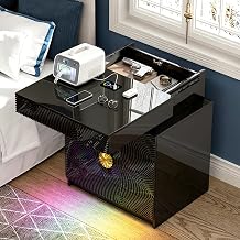 WOOVIVS Bedside Table with 2 Drawers and Sliding Top, RGB Color Changing Lights Sync with Music Rhythm, Lockable Night Stand with Secure Hidden Storage for BedroomBlack