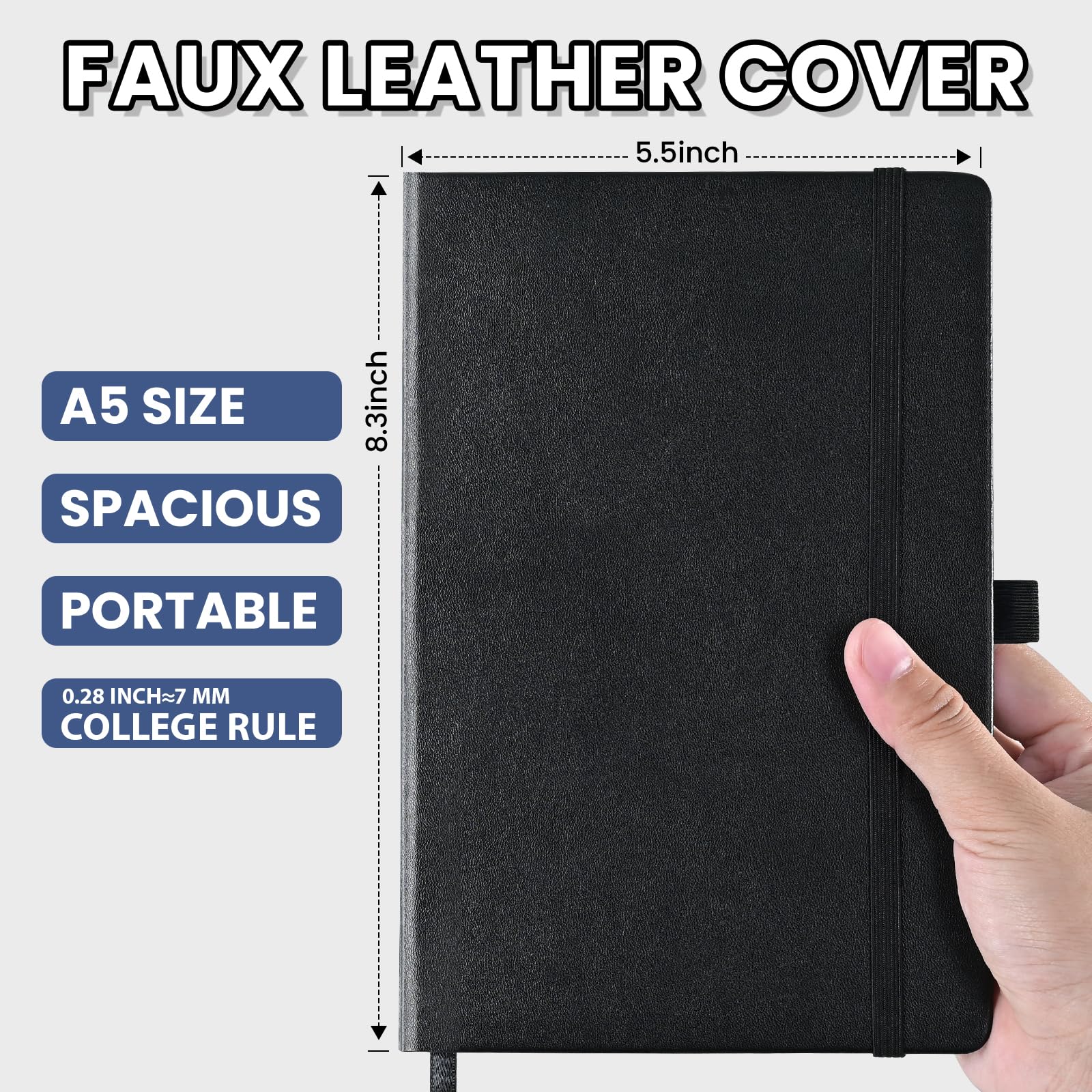 SUIN Taccuino a righe, copertina rigida in pelle per lavoro, scuola, viaggi, a righe, 160 pagine, carta da 100 g/m², nero (confezione da 6)