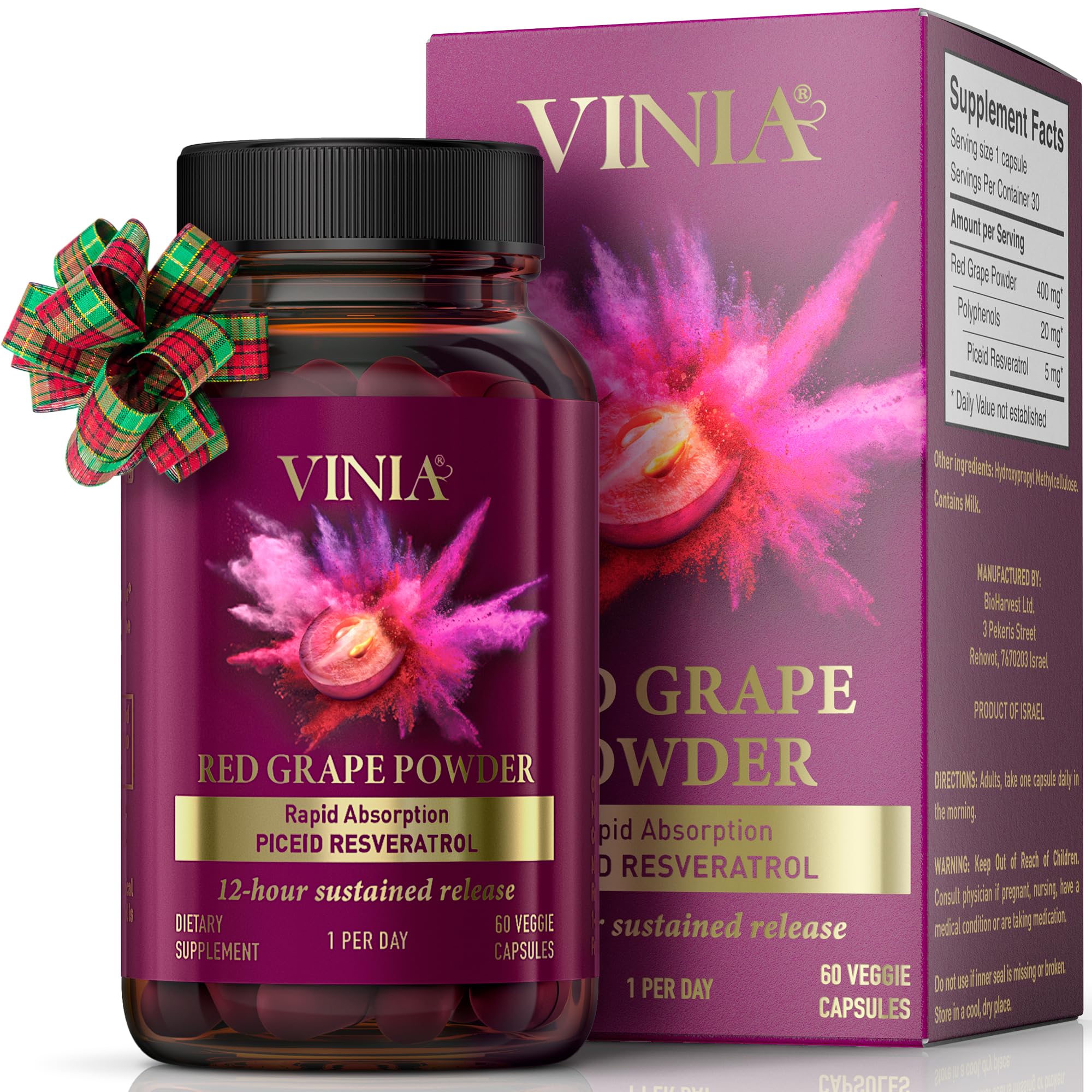VINIA Piceid Resveratrol Supplement. Increases Blood Flow and Nitric Oxide. Blood Pressure and Heart Health Support | Antioxidant from Red Grapes | Non-GMO, 60 Count