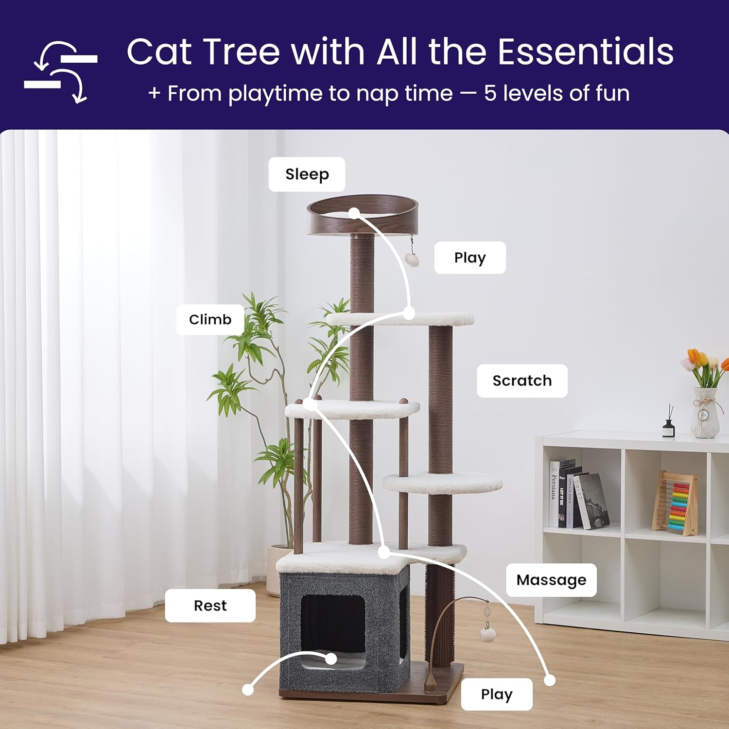 Catry Trinity 5-Level Recycled Paper & Laminated Wood Cat Tree with Washable Plush Beds, Massager, Toys, Ideal for Small to Large Cats and Multi-Cat Homes