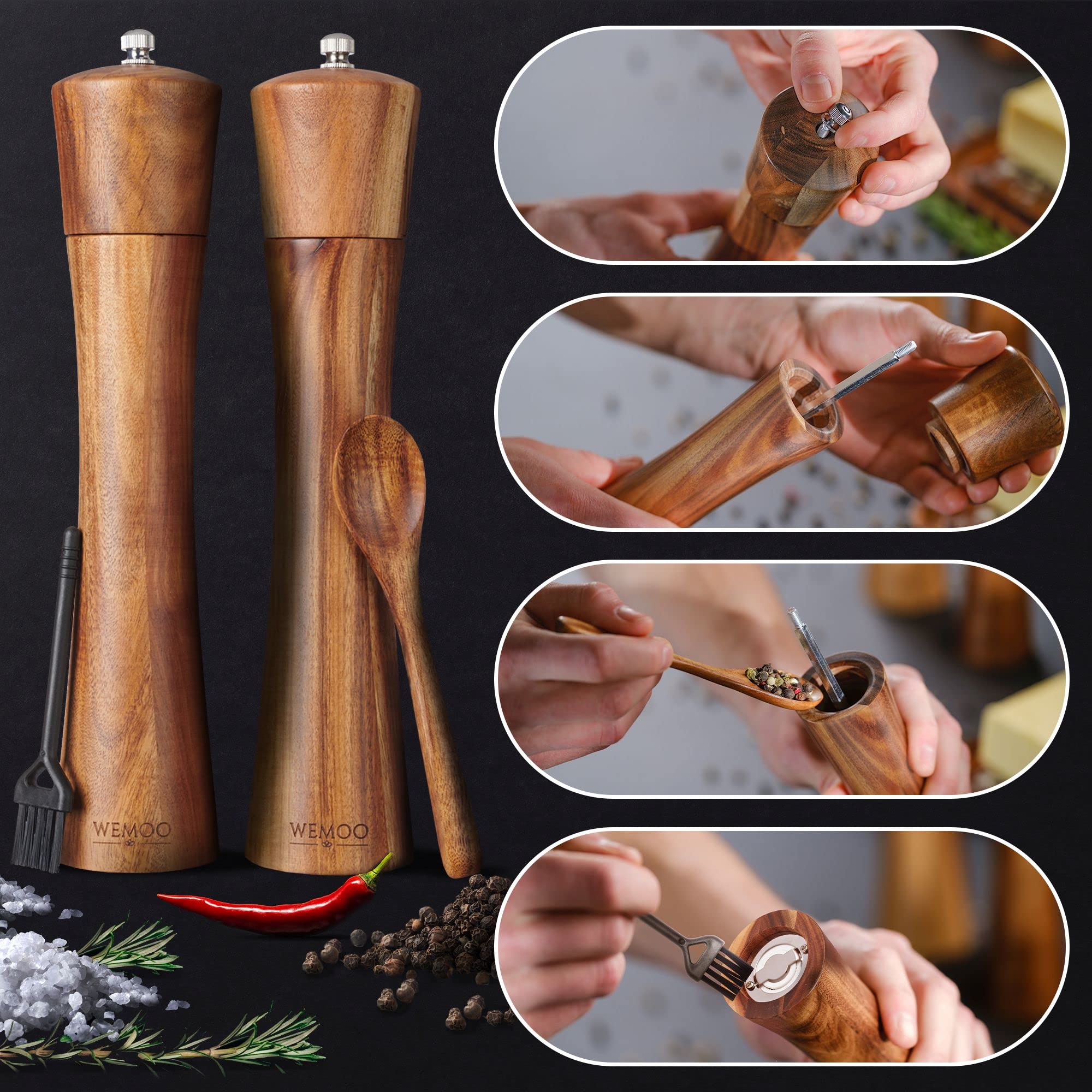 Młynek do soli i pieprzu z drewna, bardzo duży (25,5 cm), młynek do przypraw z wytrzymałym ceramicznym mechanizmem mielącym, dodatkowa łyżka do napełniania i pędzel do czyszczenia, zestaw z