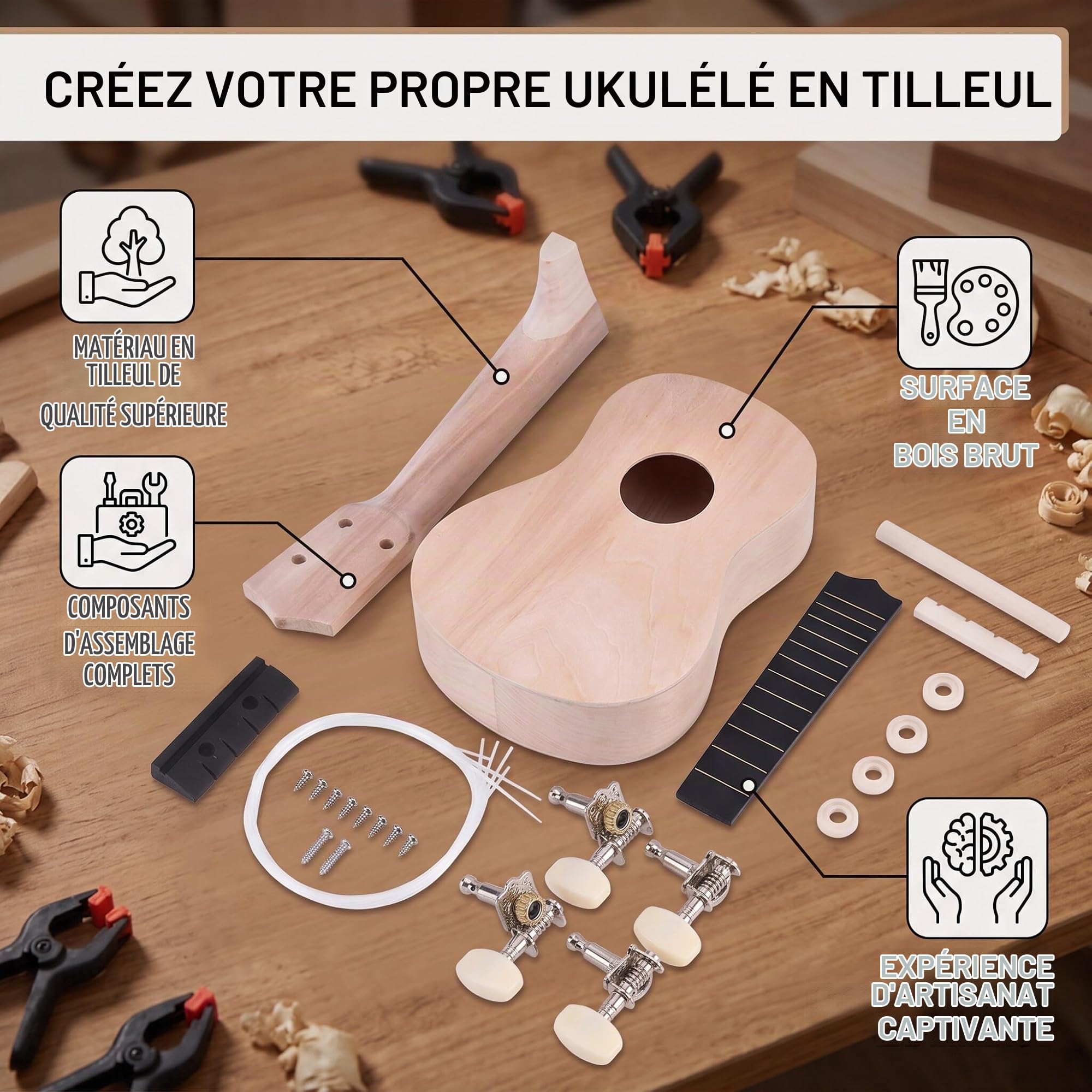Kit de bricolage ukulélé de 53 cm, 4 cordes soprano, ukulélé pour enfants, adultes, débutants, de l'enfant, fabriqué en bois de tilleul naturel