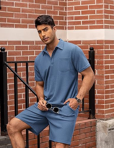 Miniatura 4 de COOFANDY - Conjunto de polo y pantalones cortos de punto acanalado para hombre, 2 piezas, atuendo de verano, traje casual deportivo con bolsillos