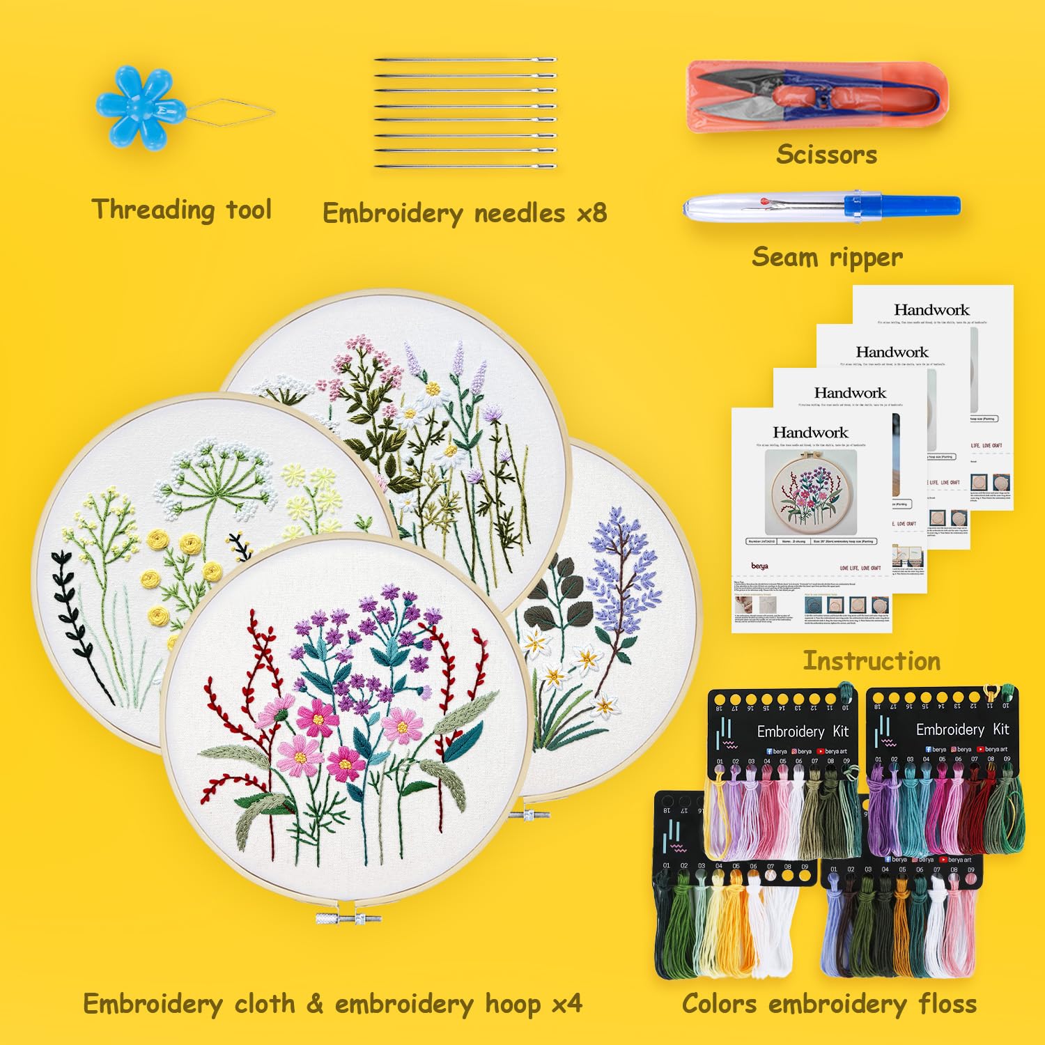 BERYA 4 Set Embroidery Starter Kit for Beginners, Needlepoint Cross Stitch Kits with Pre-Stamped Flower, Instructions, Embroidery Hoops, Color Threads, Tools, DIY Arts Crafts Birthday Gifts for Adult