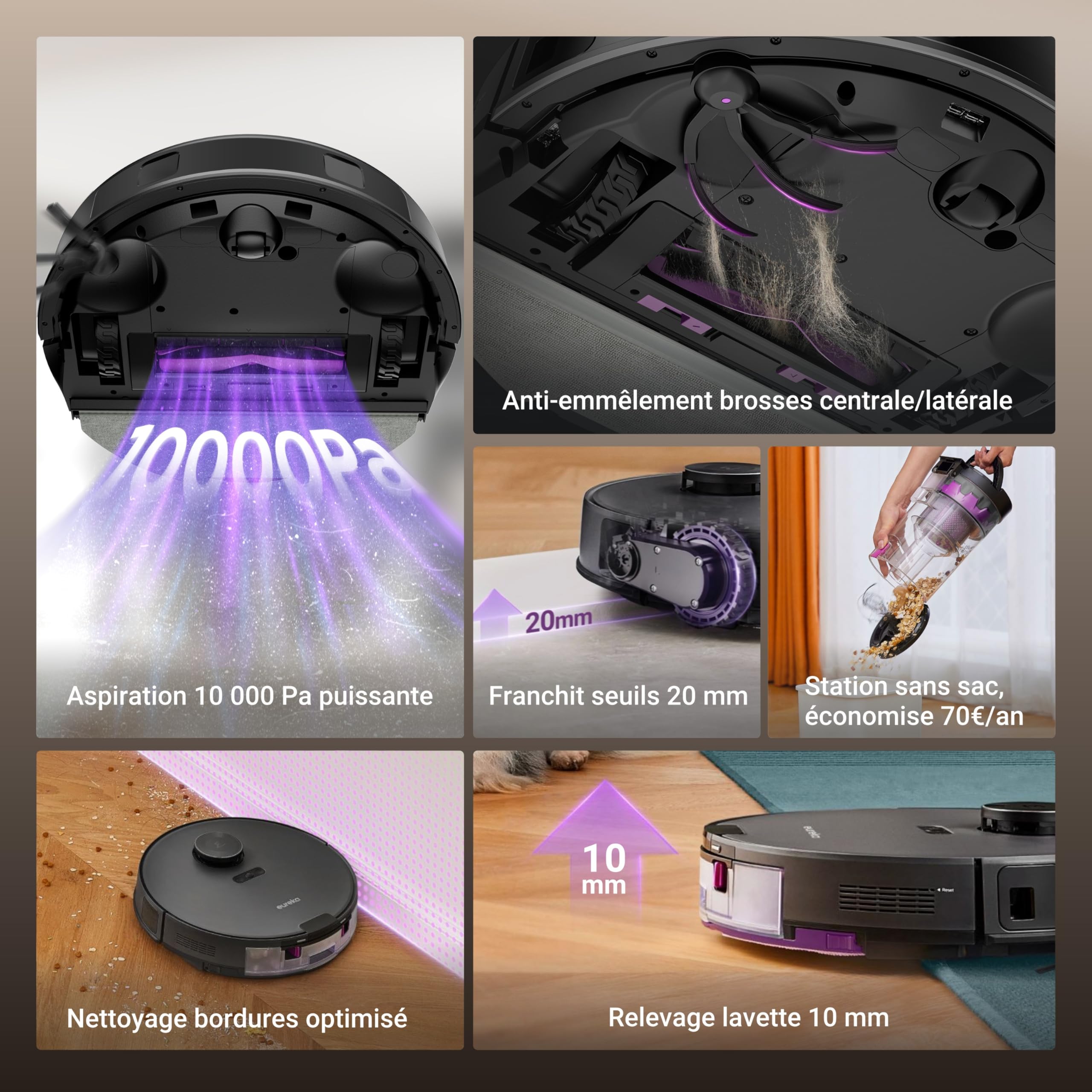 Eureka E20 Evo Plus Robot Aspirateur Laveur avec Station sans Sac Aspiration 10000 Pa Aspirateur Robot Autovidange, Anti Enchevêtrement pour Cheveux Poils d'animaux, Soulèvement de Serpillière 10mm
