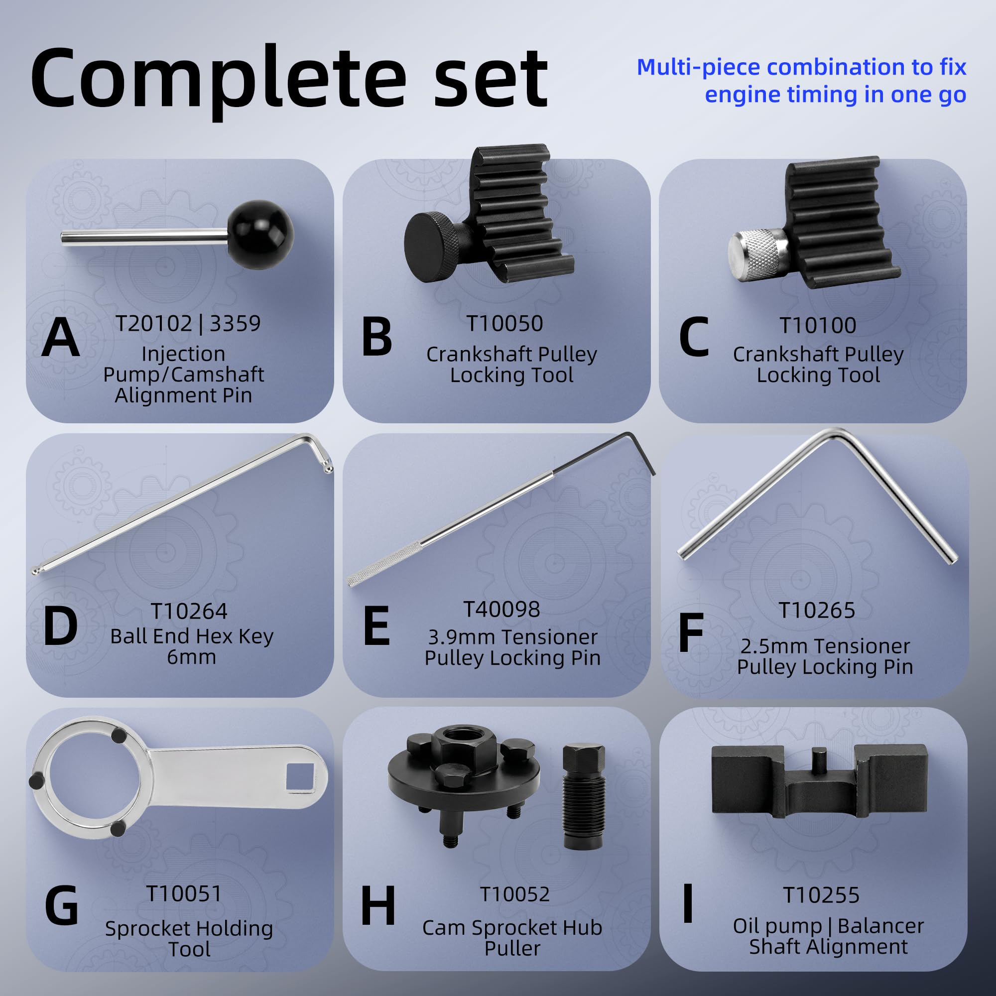 Kit Attrezzi per Fasatura Motore Attrezzo di Bloccaggio Albero a Camme Compatibile con VAG VW Audi Seat Skoda 1.6 2.0 TDI CR T10050, T10100, T10051, T10052, T10255