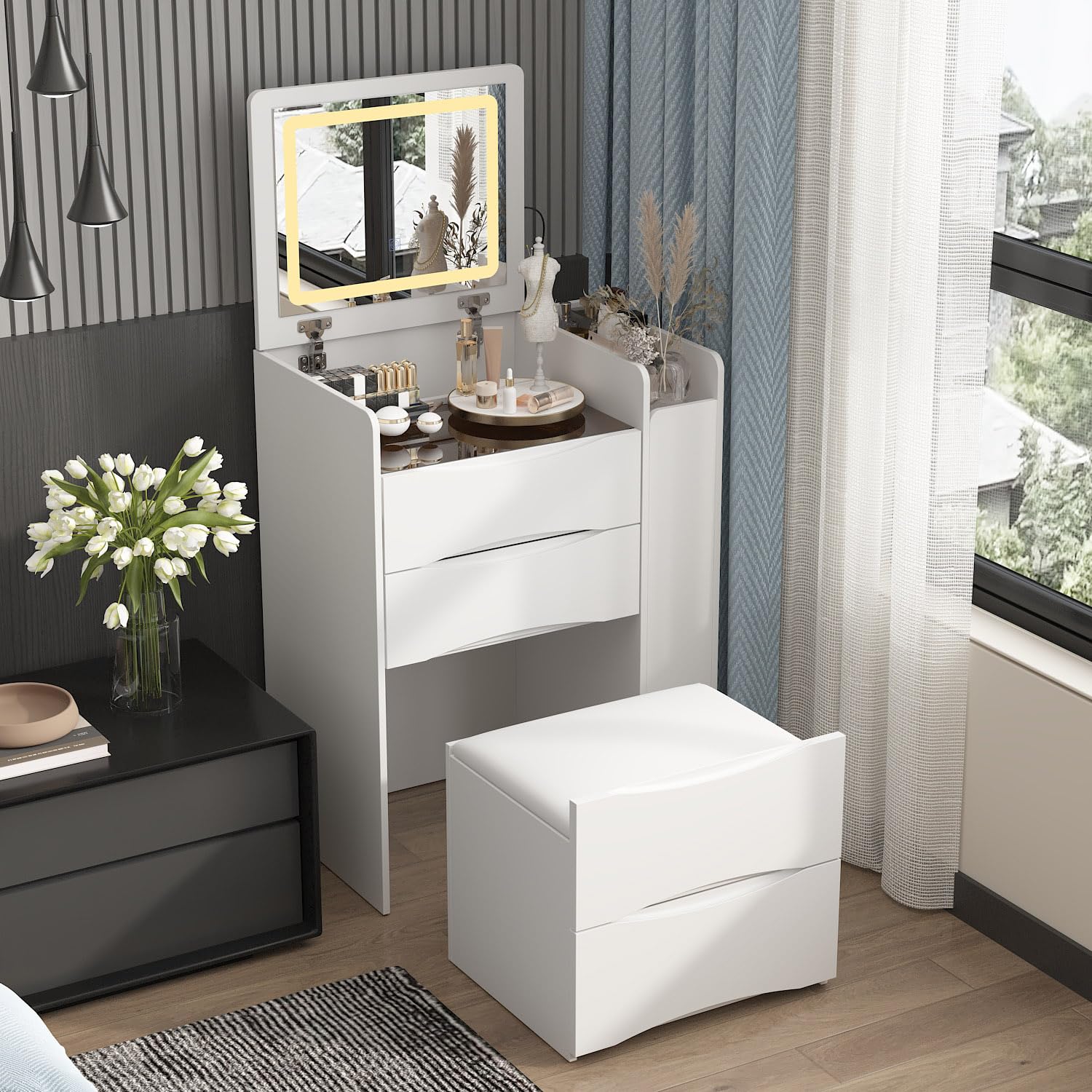 Timechee Vanity with Mirror and Lights, Small Make up Vanity Desk with Storage Drawers, Hidden Chair, Sliding Cabinet and Glass Tabletop for Bedroom,