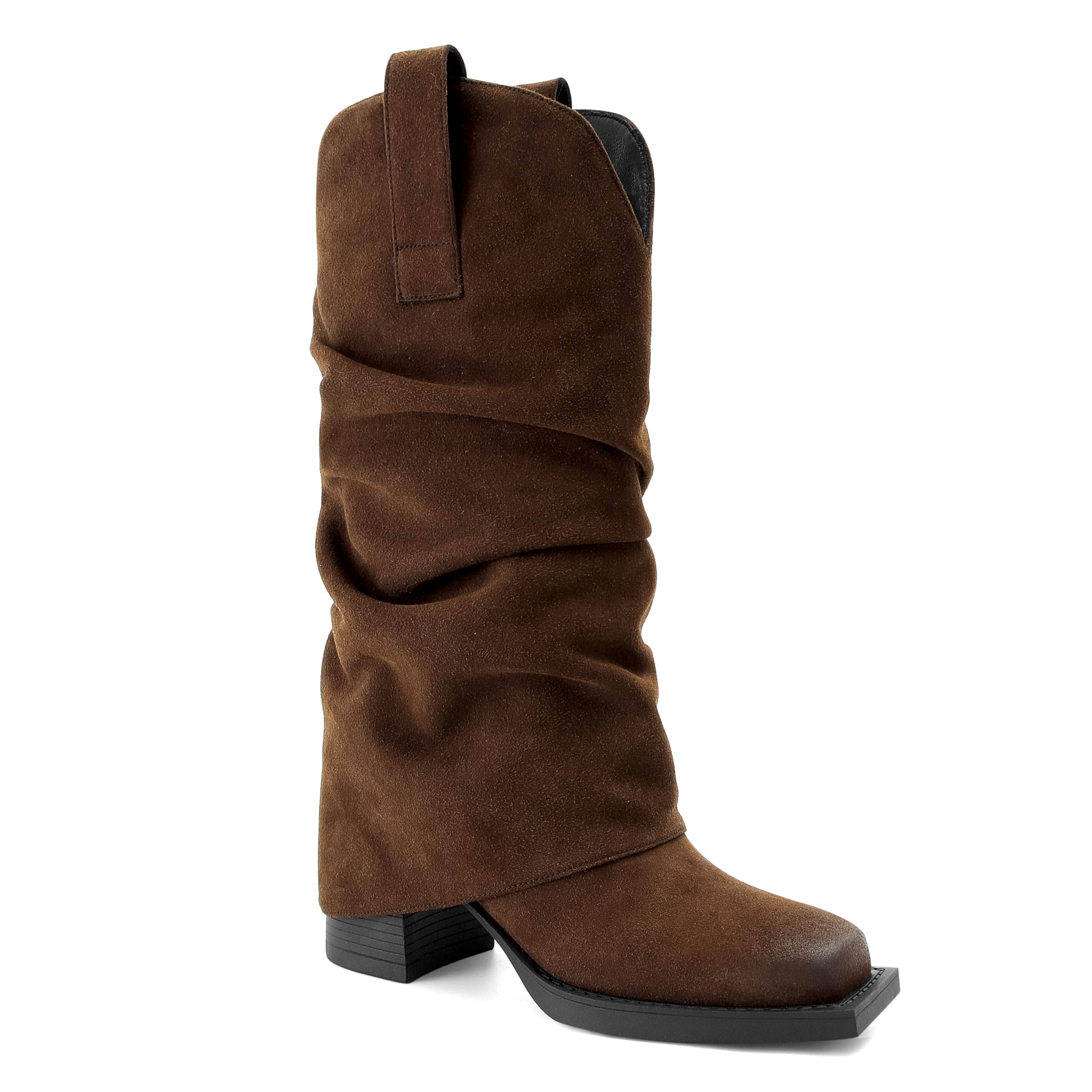 Suede Fold over Boots Square Toe Chunky Block Heel Mid Calf Boots Pull on Cowboy Cowgirl Western Slouchy