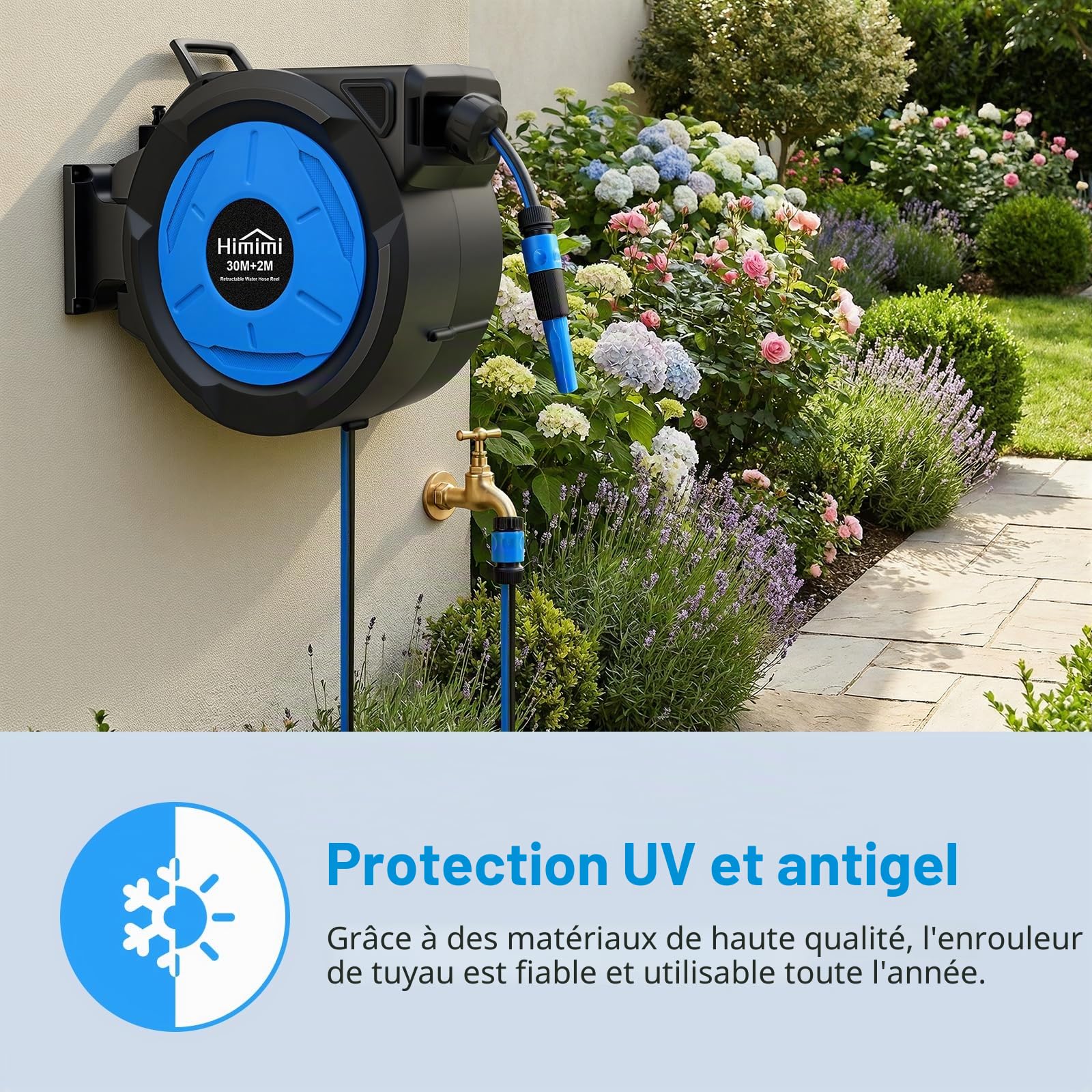 Himimi Enrouleur de Tuyau d’Arrosage Mural Rétractable 30 m + 2 m, Dévidoir Automatique 1/2 Pouce avec Rembobinage Lent, Verrouillage à Toute Longueur, Support Pivotant 180°, pour Jardin et Terrasse