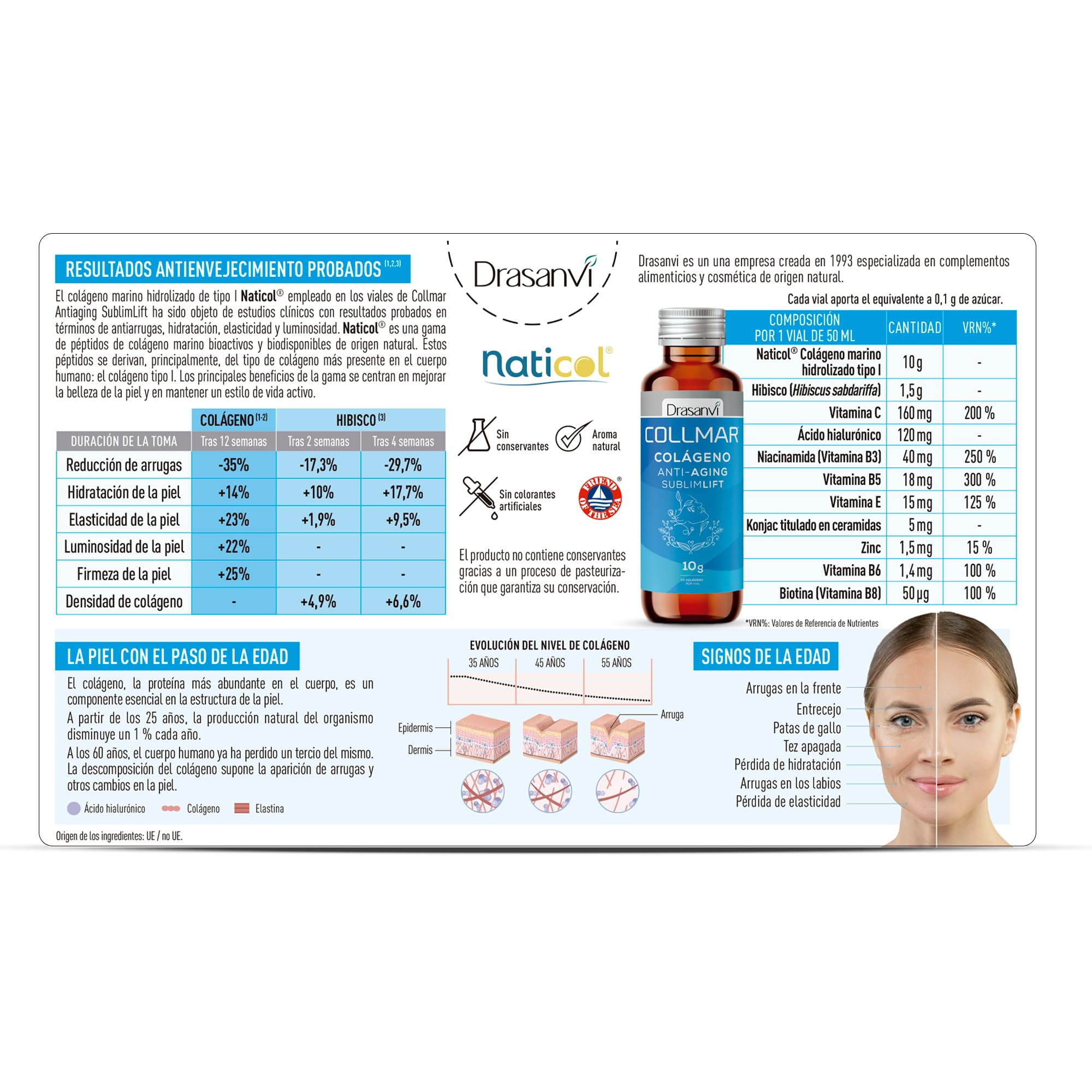 COLÁGENO MARINO SUBLIMLIFT SHOTS | 10g Colágeno Marino Hidrolizado Tipo I + Ácido Hialurónico + 11 Activos | Antiarrugas, Firmeza, Hidratación y Luminosidad | 10 Shots 50ml Melocotón | Drasanvi