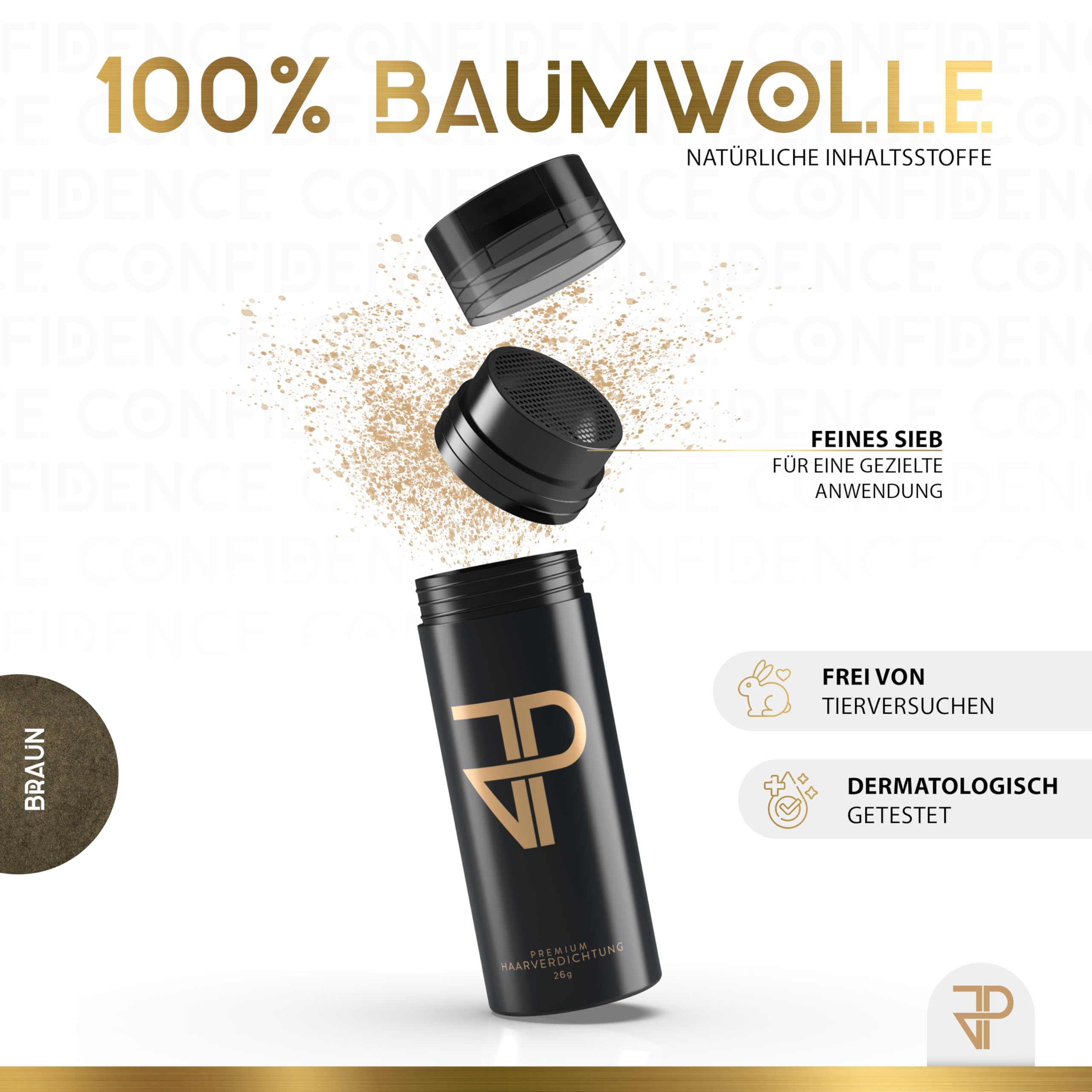 JP Confidence - Premium Streuhaar zur Haarverdichtung - Friseurqualität - 100% natürlich - Authentischer Look - für Männer & Frauen - Braun
