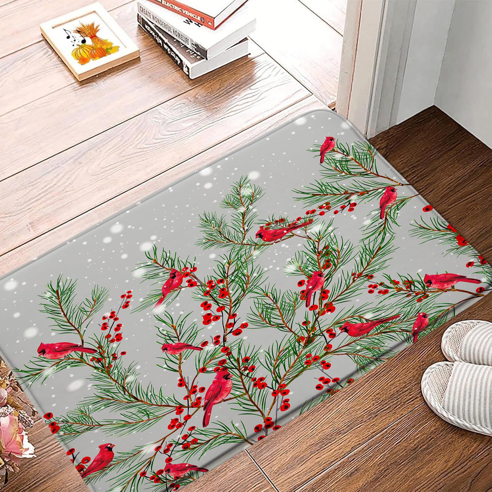 Winter Christmas Bath Mat Green Pine Tree Red Bird Snowflake Nature Rustic Holiday Bathroom Floor Decor Rug for