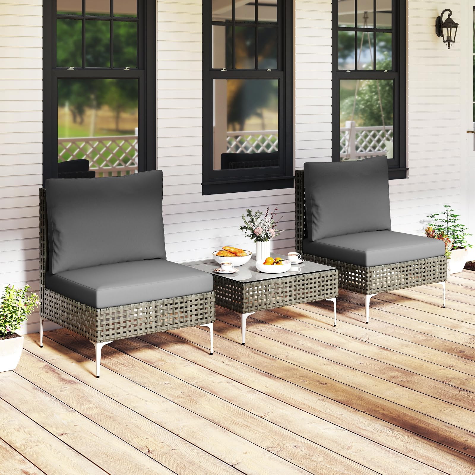 COSTWAY Tavolino e 2 Sedie da Giardino, Set da Conversazione in Rattan con Cuscini e Tavolino in Vetro Temperato, Set da Bistrò per Veranda, Balcone e Cortile (Stile 1)
