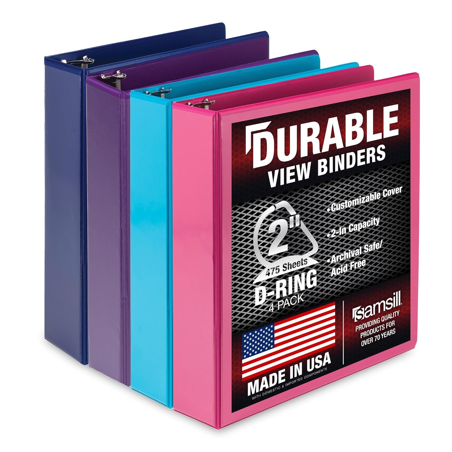Samsill Durable 2 inch 3 Ring Binder, D Ring Binder, 100% Recycled Chipboard, Fashion Assortment, 4 Pack