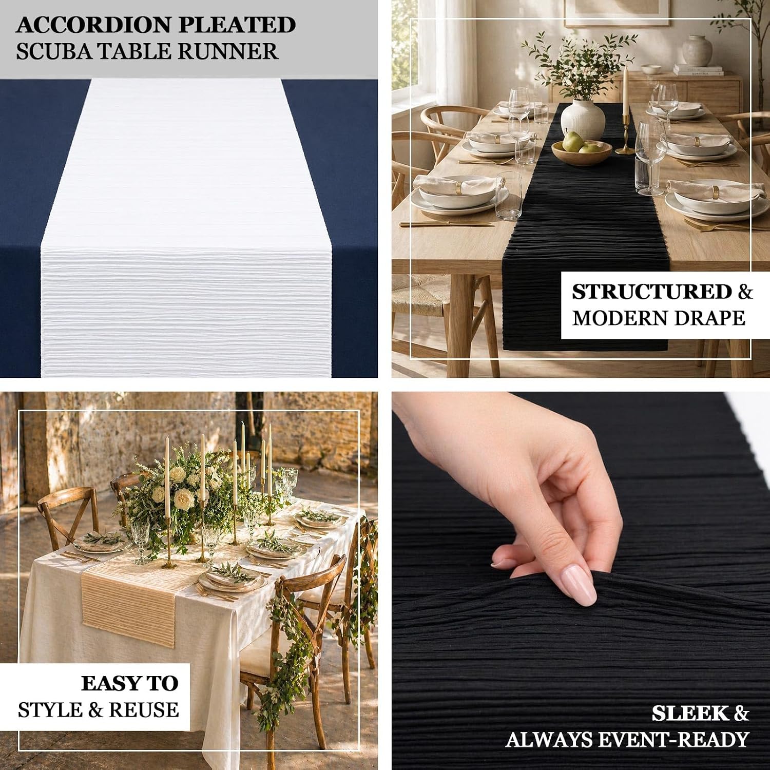 Efavormart Scuba Table Runner 12" x 108" Black Accordion Pleated – Wrinkle Free & Stain Resistant Textured Table Accent