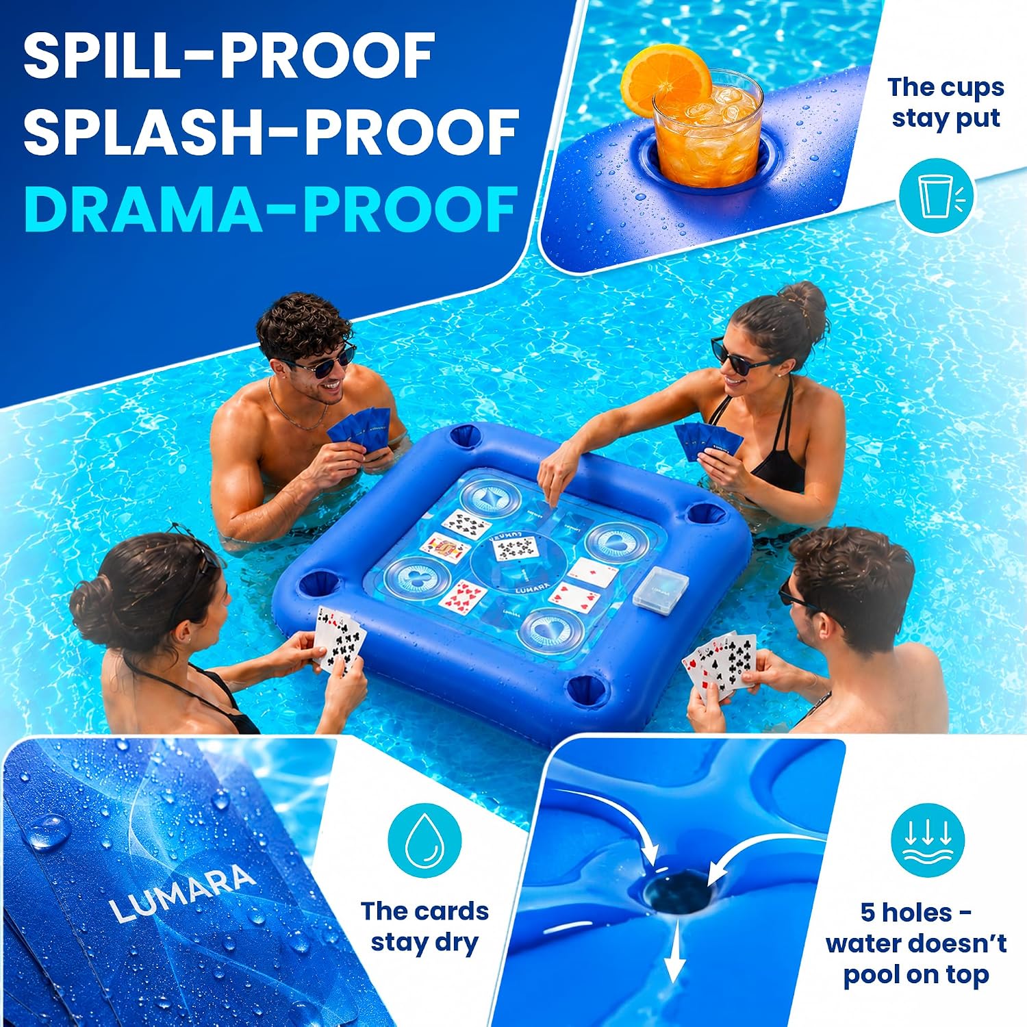 LUMARA Floating Game Table for Pool – Inflatable Pool Card Table with 5 Drainage Holes (No Water Pooling), 4 Cup Holders & 54 Waterproof Playing Cards – Hot Tub Float, No Pump Needed