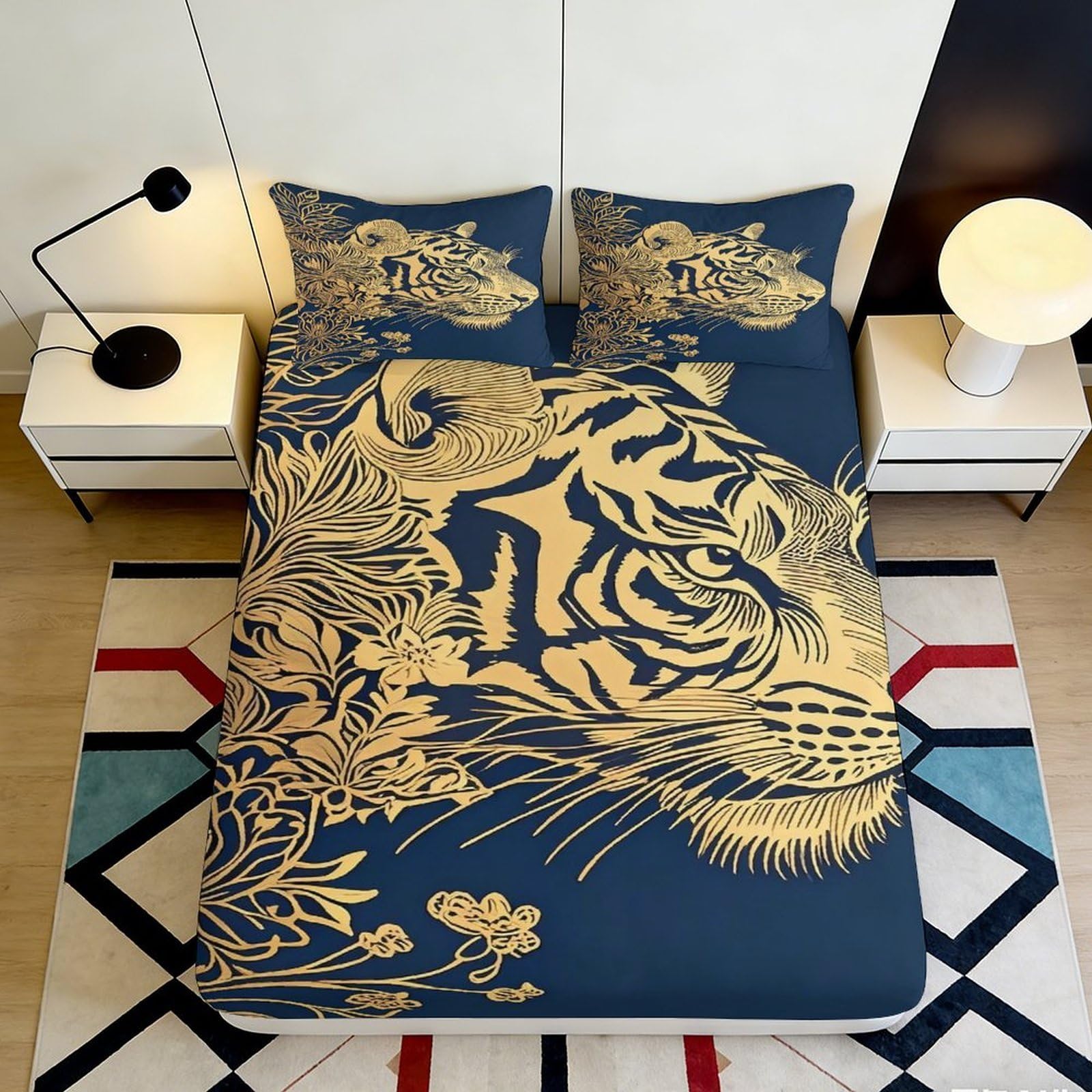 3D Printed Golden Tiger Fitted Sheet Microfiber Navy Blue Jungle Mattress Cover for Bedroom Dorm Decor Easy Care 140x200x25cm