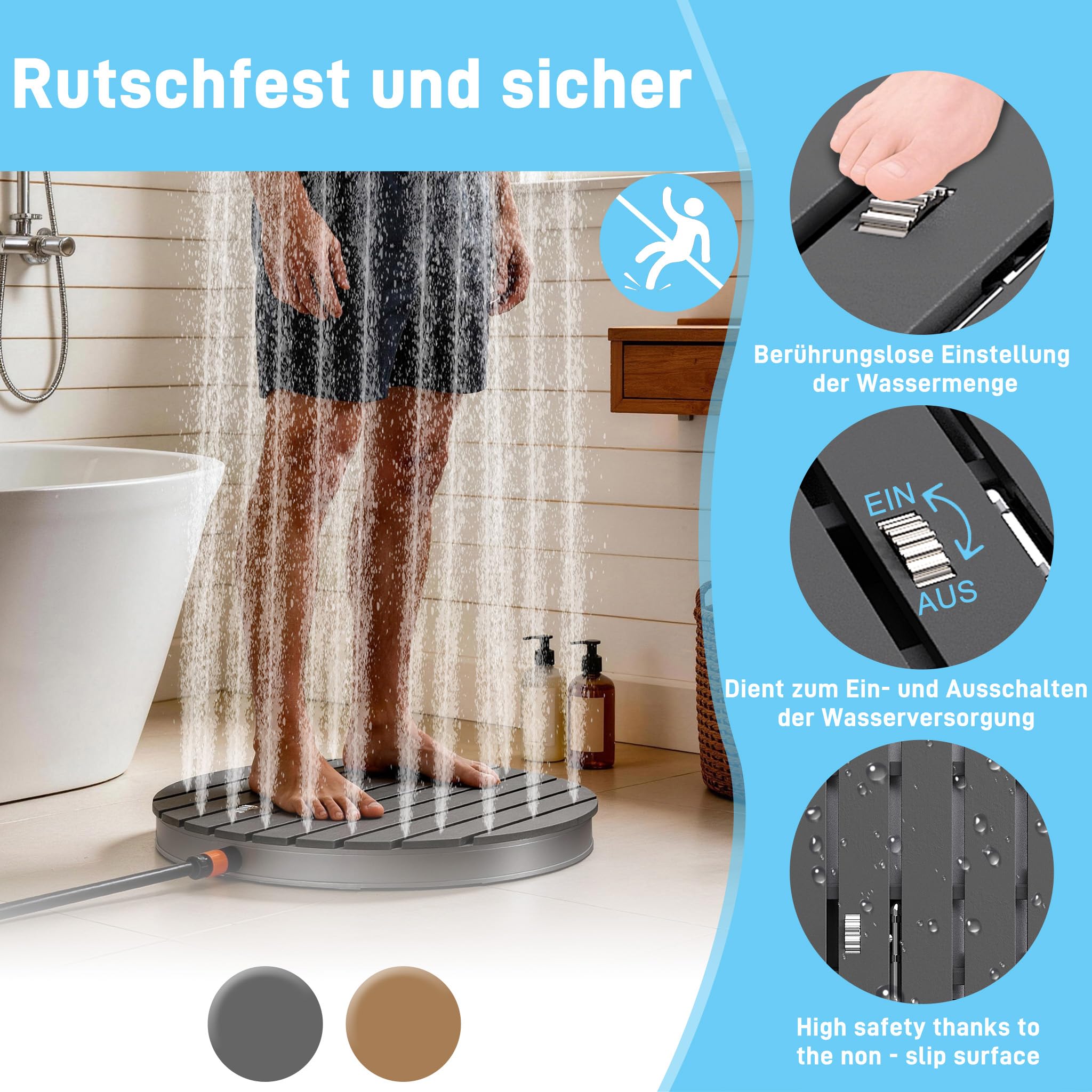 Gartendusche WPC Rund Anthrazit, Bodendusche Außendusche für Garten Pool Sauna, rutschfeste Standfläche Wetterfest mit Holzoptik, Fontänenhöhe bis 4 m, Camping & Garten geeignet