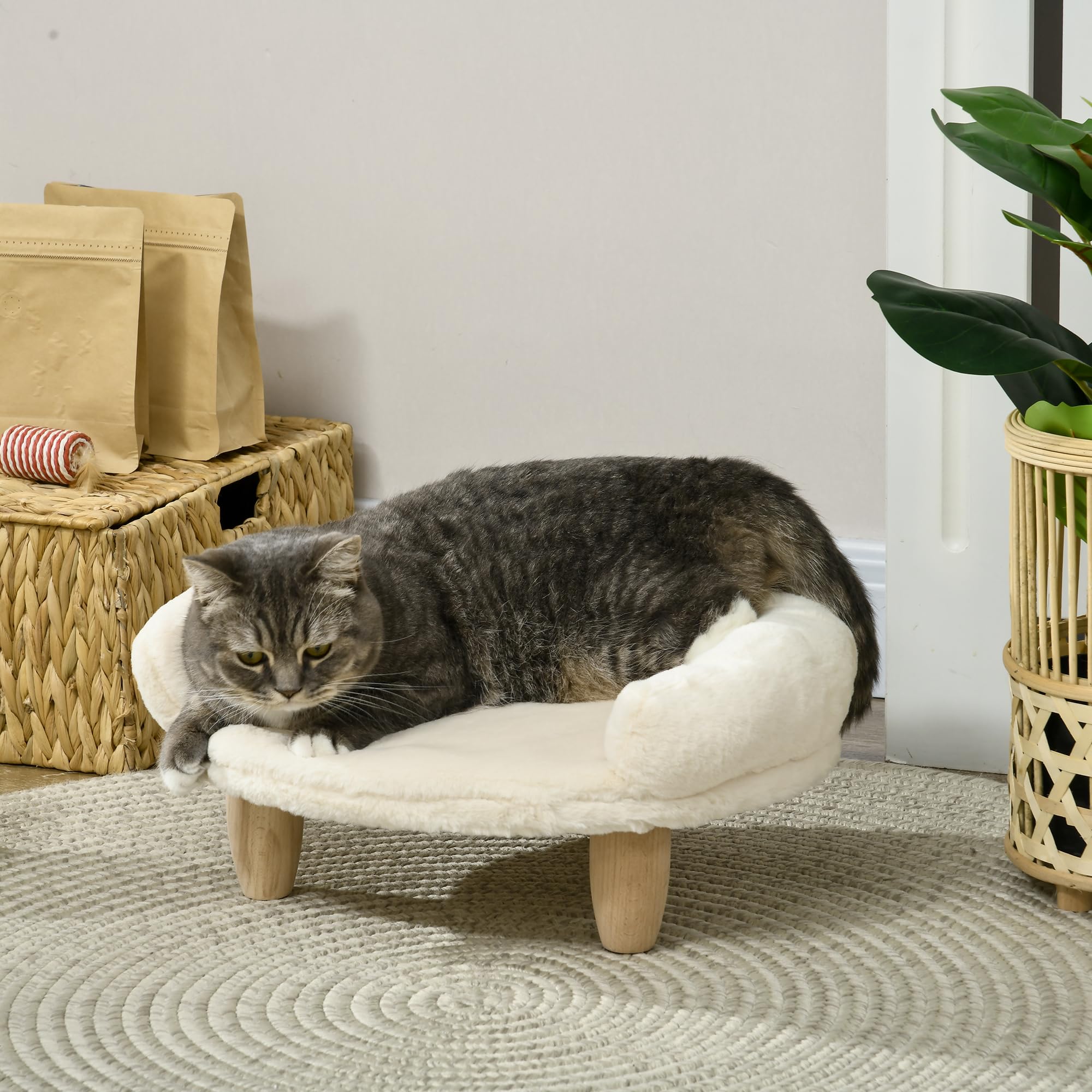 PawHut Katzensofa Hundesofa aus Plüsch Hundebett mit Rückenlehne, Holzbeine, Hundecouch mit weicher Polsterung für Katzen miniaturhunde Hunde 47 x 40 x 20 cm Cremeweiß