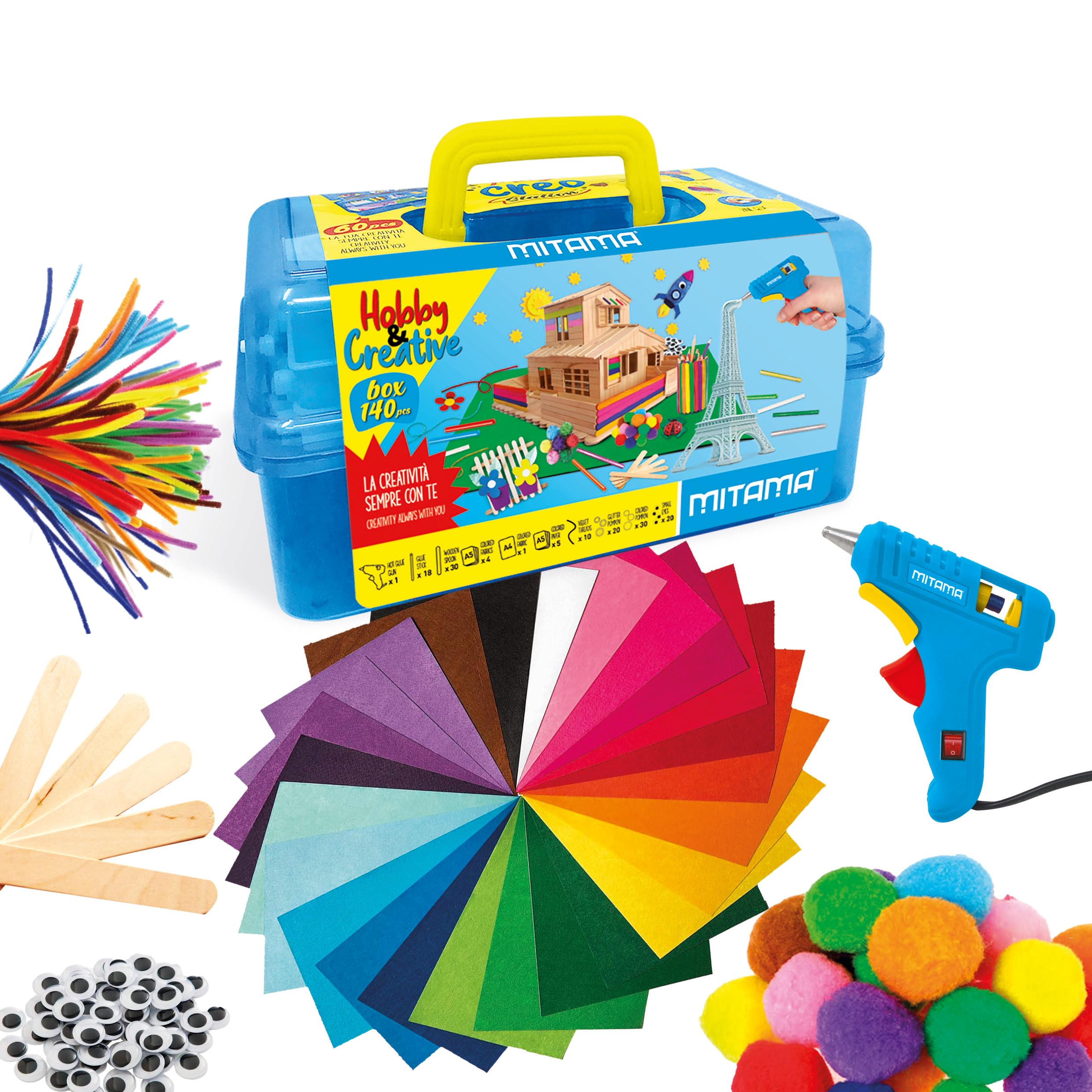 Mitama Bauletto Creativo - CREANGOLO - Hobby e Creative - 140 pz - Giochi Creativi, Gioco Formativo, Decoupage Bambini, Colle, Accessori Colorati, Glitter, Cartoncini