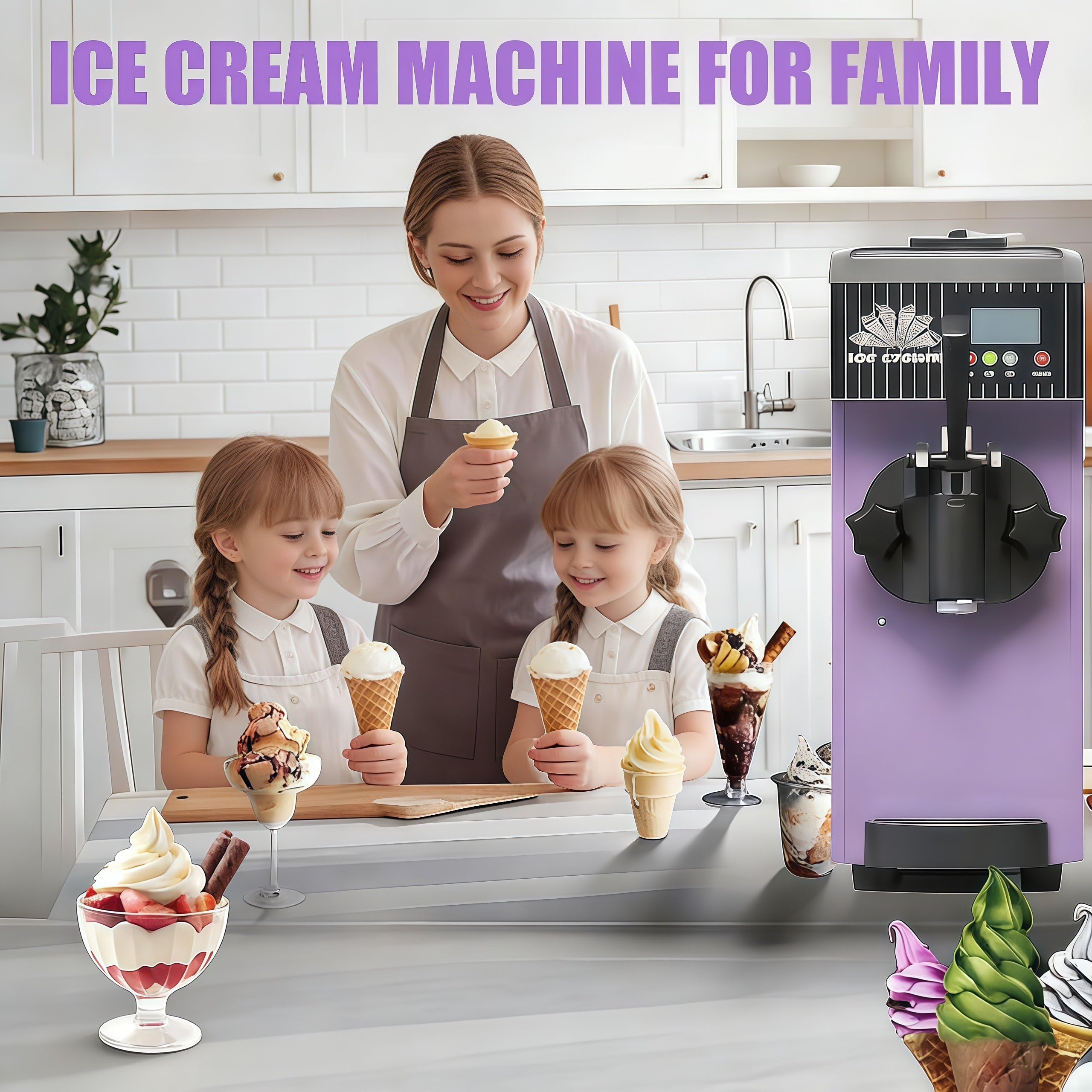 MáQuina Helado,Profesional Heladera Soft Serve,MáQuina de Helado de Un Solo Sabor, Rendimiento de 7,5 L/H, Preenfriamiento,Autolimpieza,Panel LCD para El Hogar Y Negocios. Purple