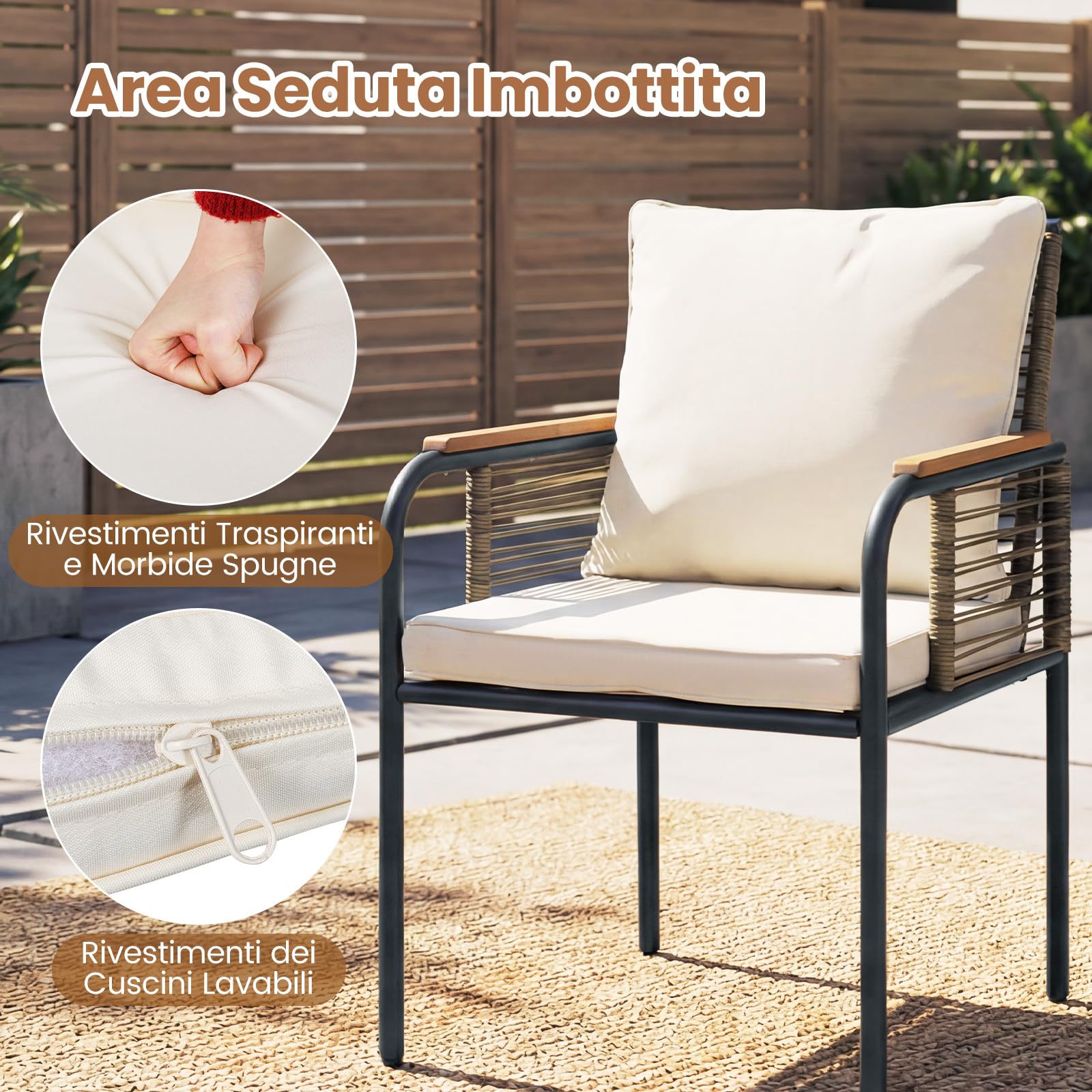 COSTWAY Set Salottino da Giardino in Vimini, Set di Mobili da 3 Pezzi per Esterno Salvaspazio con Cuscini, Tavolo Rettangolare e Sedie in Rattan per Balcone, Veranda, Giardino e Cortile (Beige)