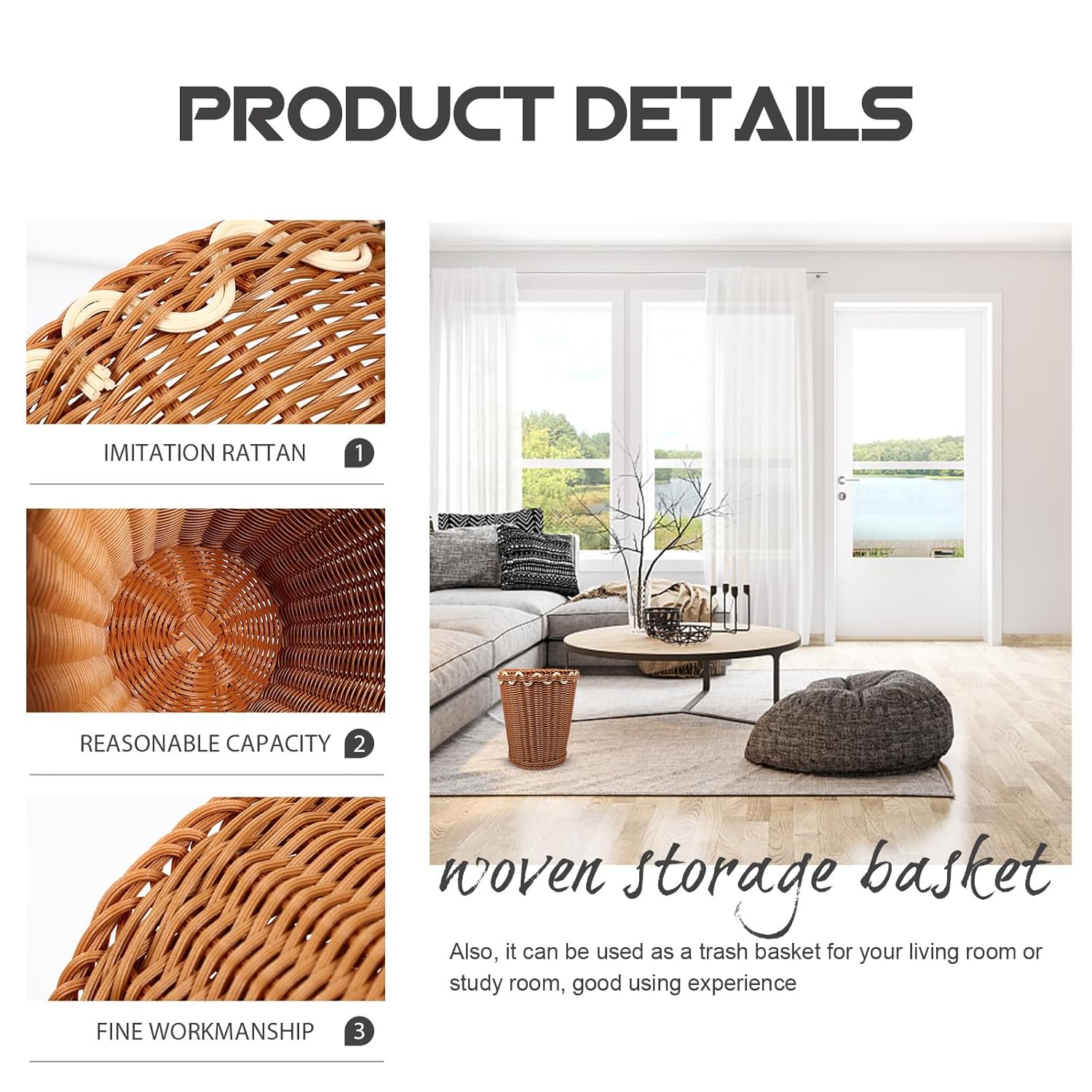 OSALADI Rattan Woven Trash Basket for Desktop, Imitation Rattan Sundries Storage Bin, Round Brown Woven Wastebasket for Home Office Organization
