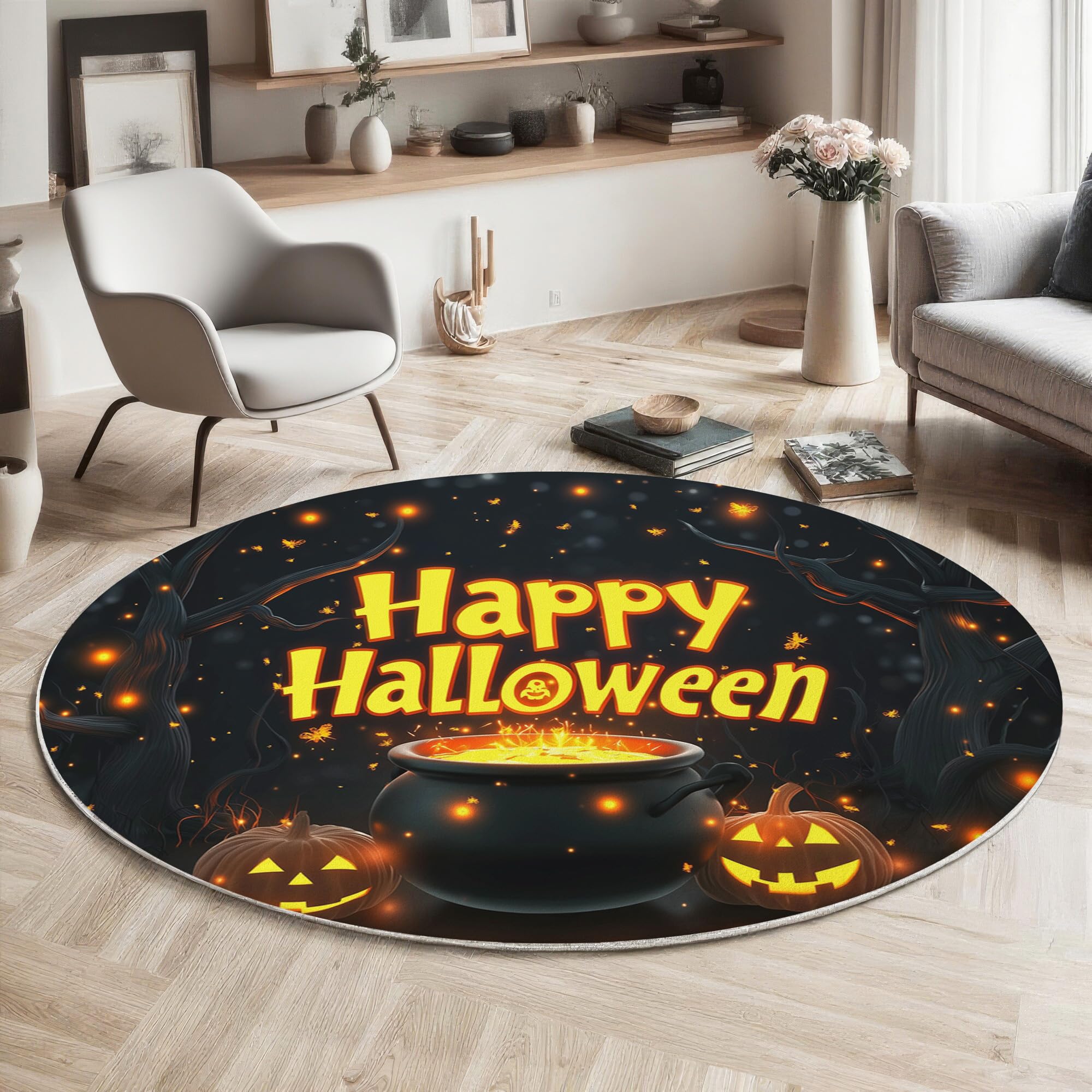 Moquette chambre adulte douce et grand tapis rond noir motif citrouille