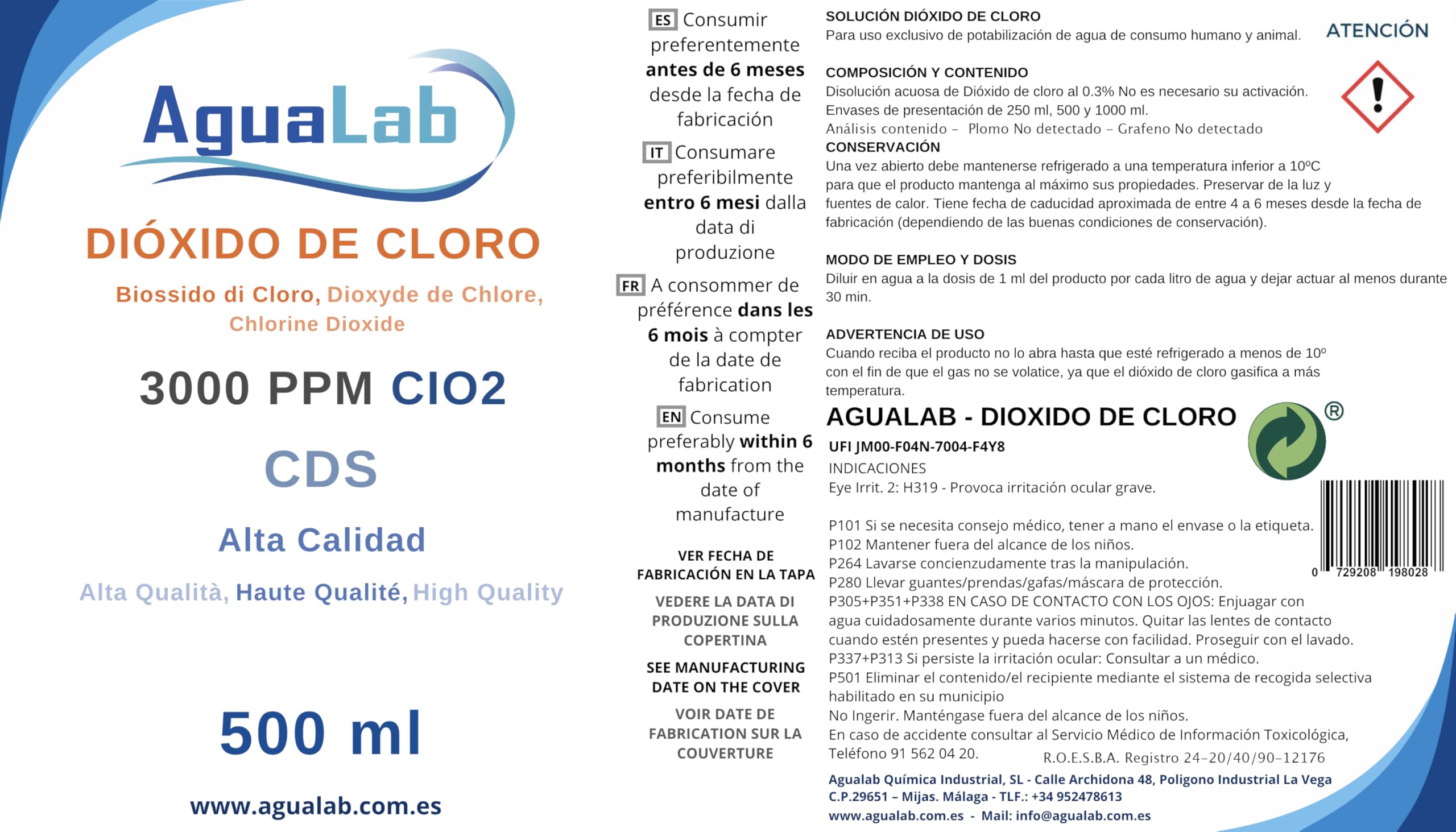 Biossido di Cloro Agualab 500ml vasetto in plastica HDPE 3000 PPM con acqua ultra pura. Prodotto in laboratorio spagnolo registrato.